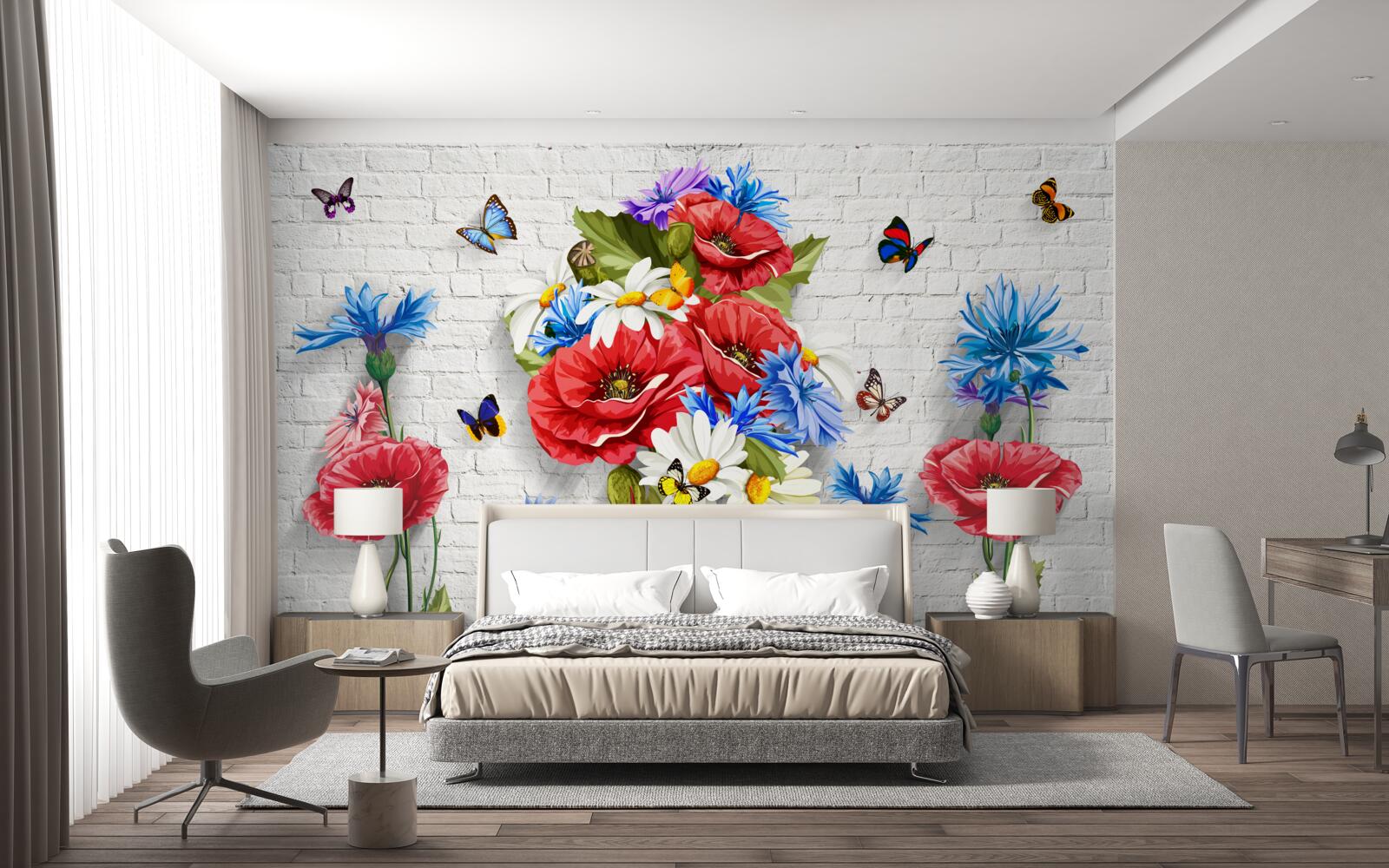Fototapeten Schmetterlinge und Blumen mit Frühlingsglühen gefüllt