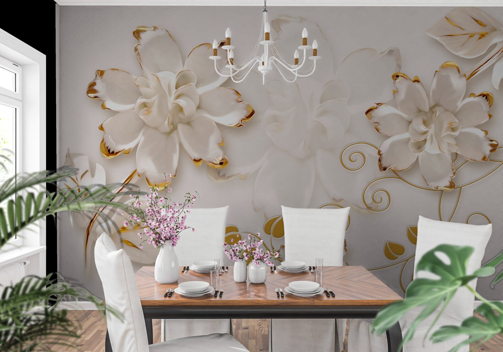 Fototapeten Schnee -White -Rosen mit Gold
