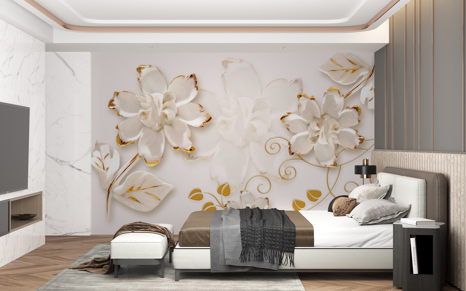 Fototapeten Schnee -White -Rosen mit Gold