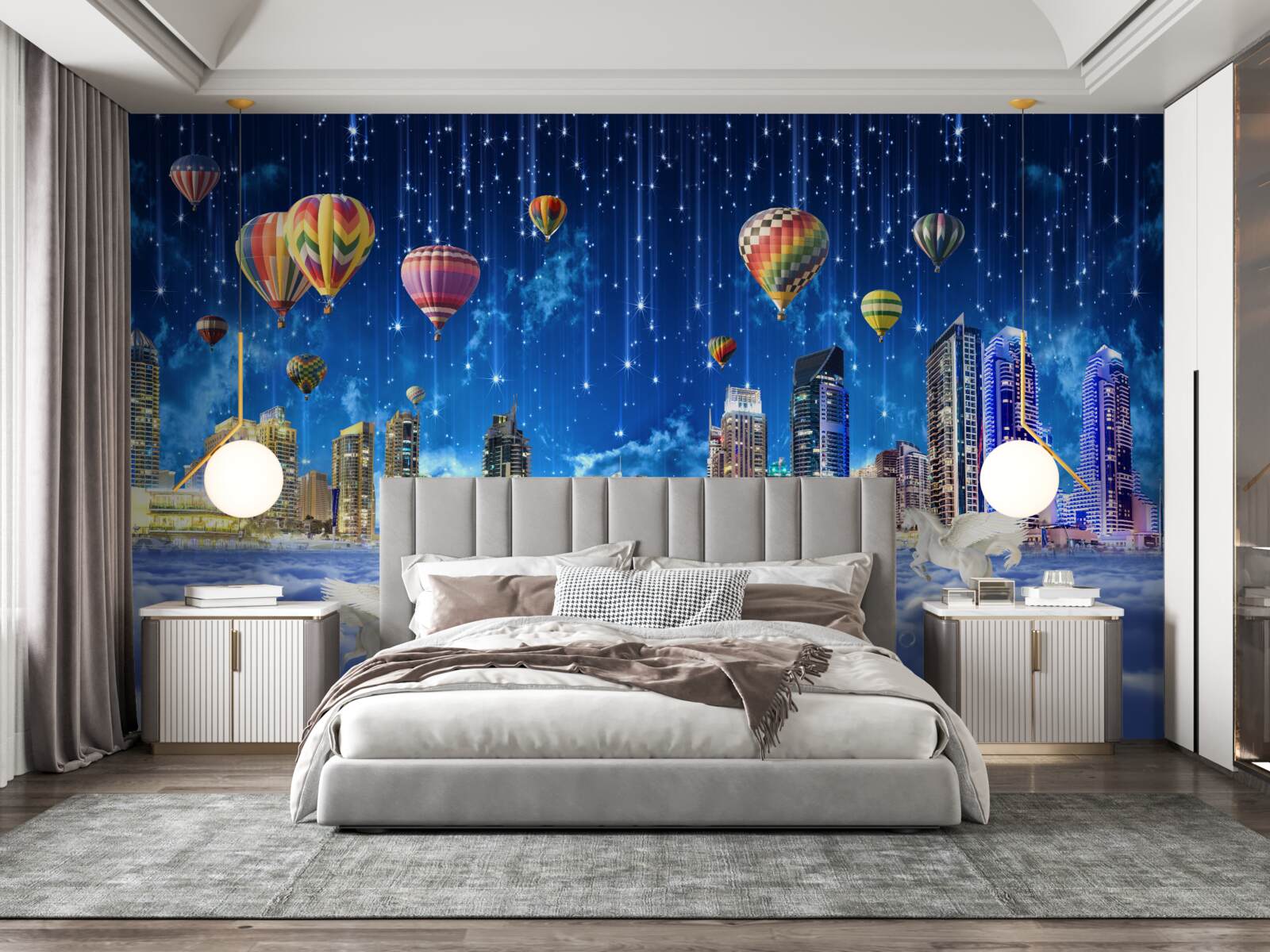 Fototapeten Die Nachtstadt ist mit Luftballons dekoriert