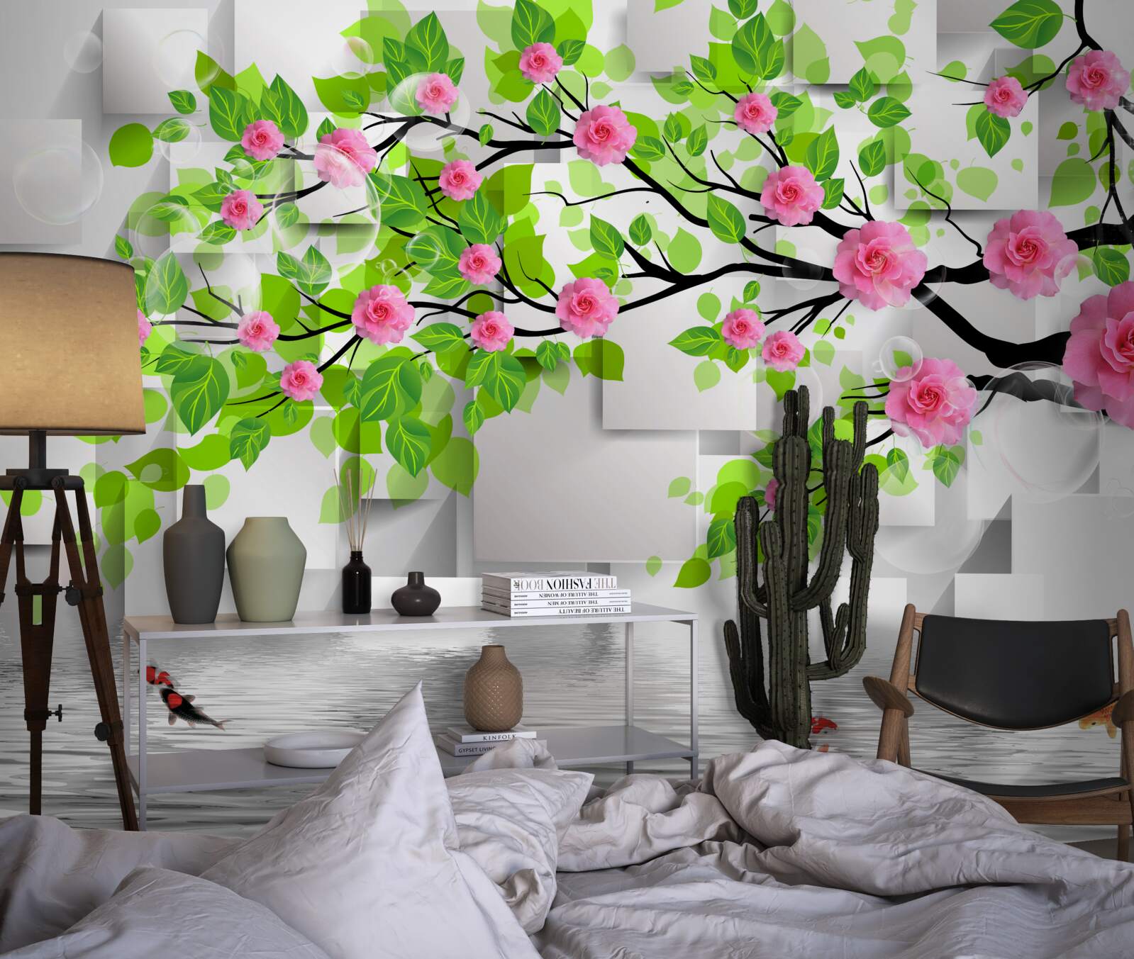 Fototapeten Rosa Rosen blühen auf den Zweigen