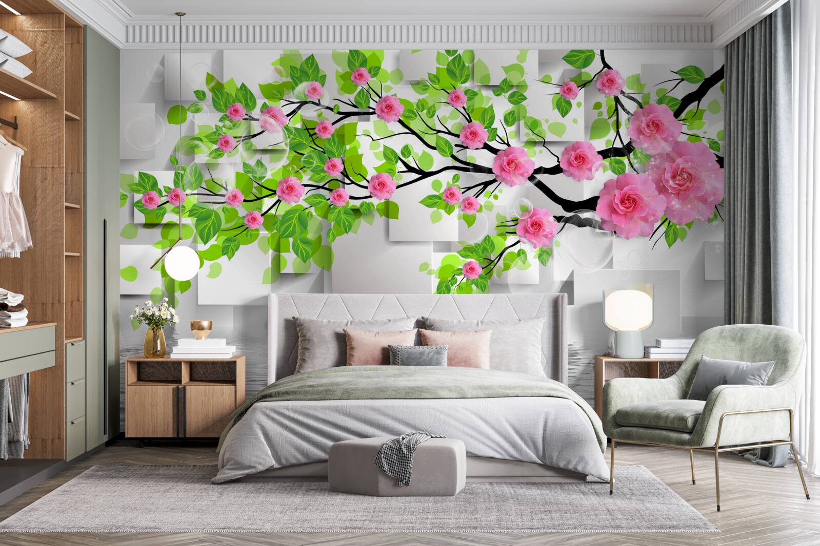Fototapeten Rosa Rosen blühen auf den Zweigen