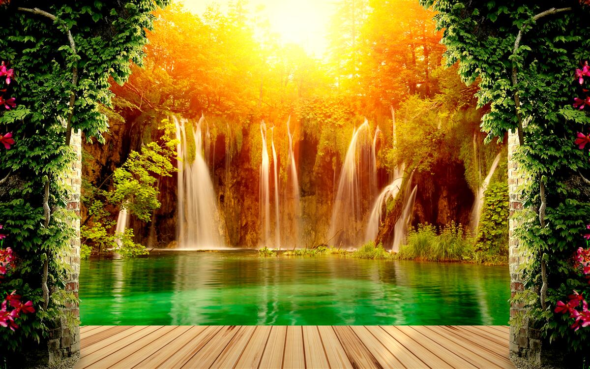 Fototapeten Erstaunlicher Sonnenuntergang in der Nähe des fallenden Wasserfalls