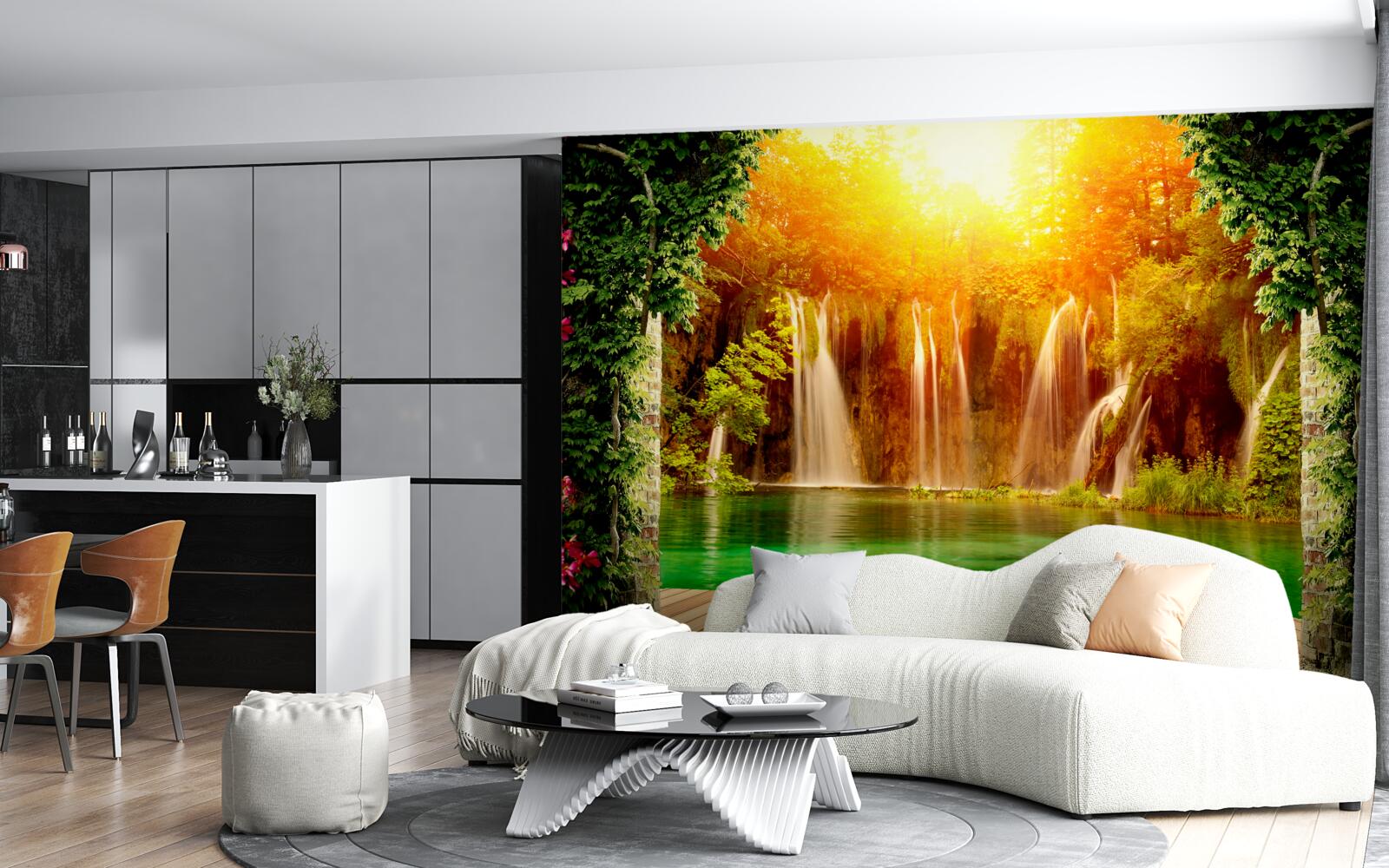 Fototapeten Erstaunlicher Sonnenuntergang in der Nähe des fallenden Wasserfalls