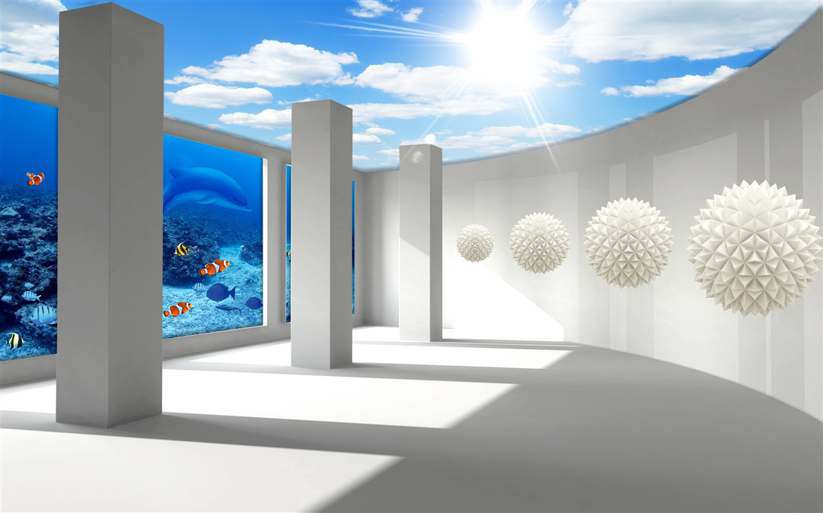 Fototapeten Schnee -White -Kugeln zirkulieren um das Aquarium unter dem Gewölbe des Himmels