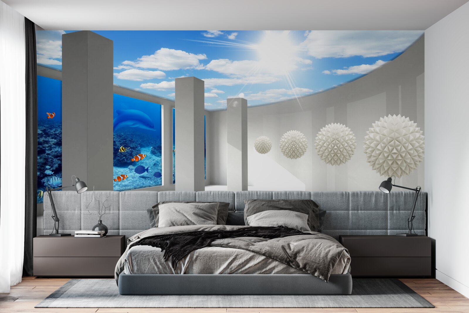 Fototapeten Schnee -White -Kugeln zirkulieren um das Aquarium unter dem Gewölbe des Himmels