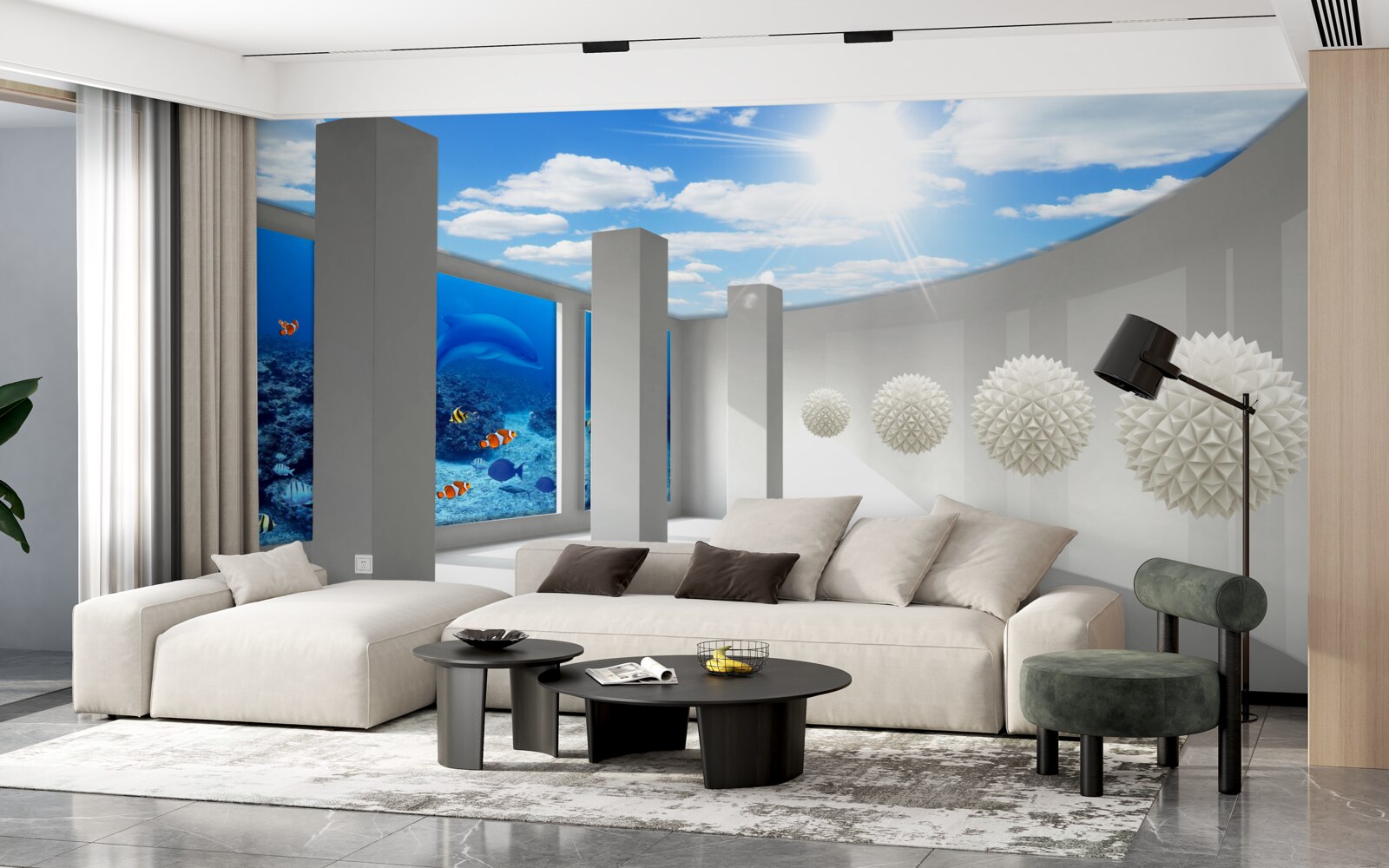 Fototapeten Schnee -White -Kugeln zirkulieren um das Aquarium unter dem Gewölbe des Himmels