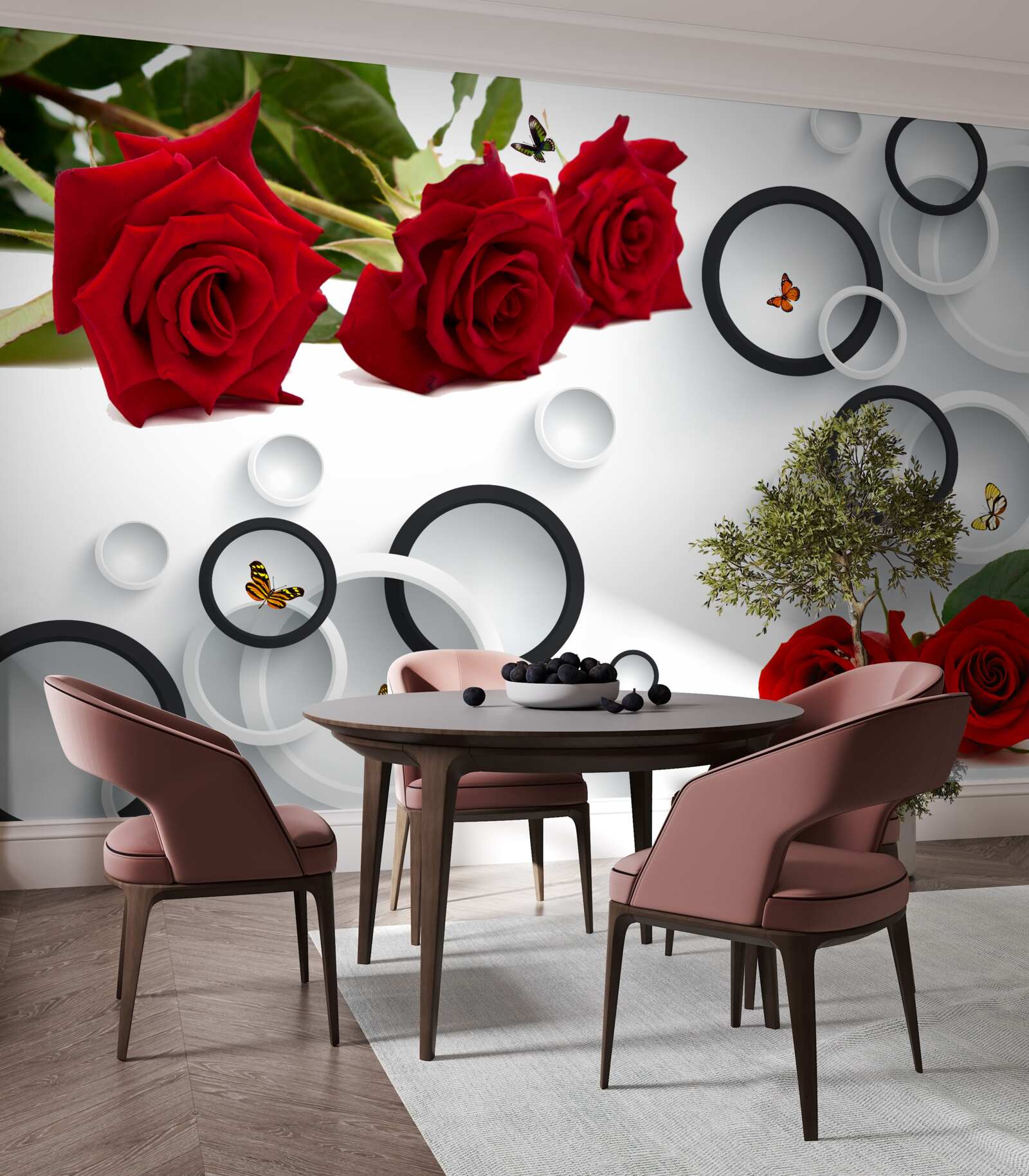 Fototapeten Räder und Rosen in einem roten Farbton