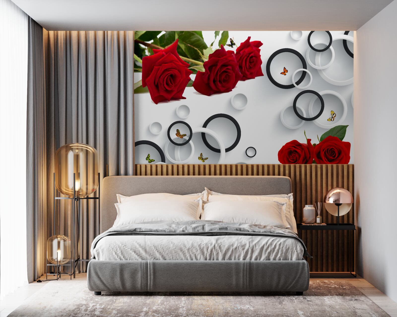 Fototapeten Räder und Rosen in einem roten Farbton