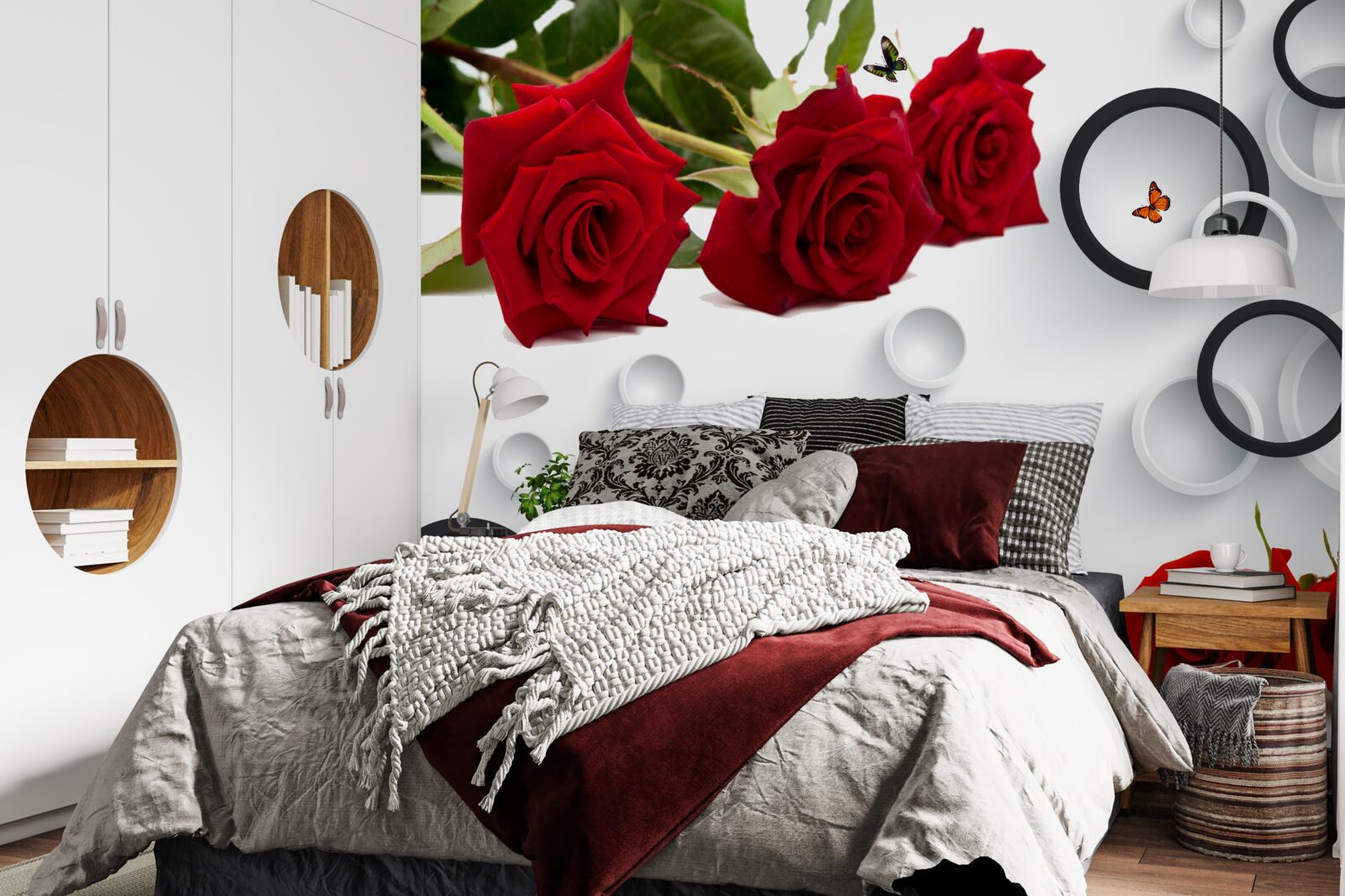 Fototapeten Räder und Rosen in einem roten Farbton