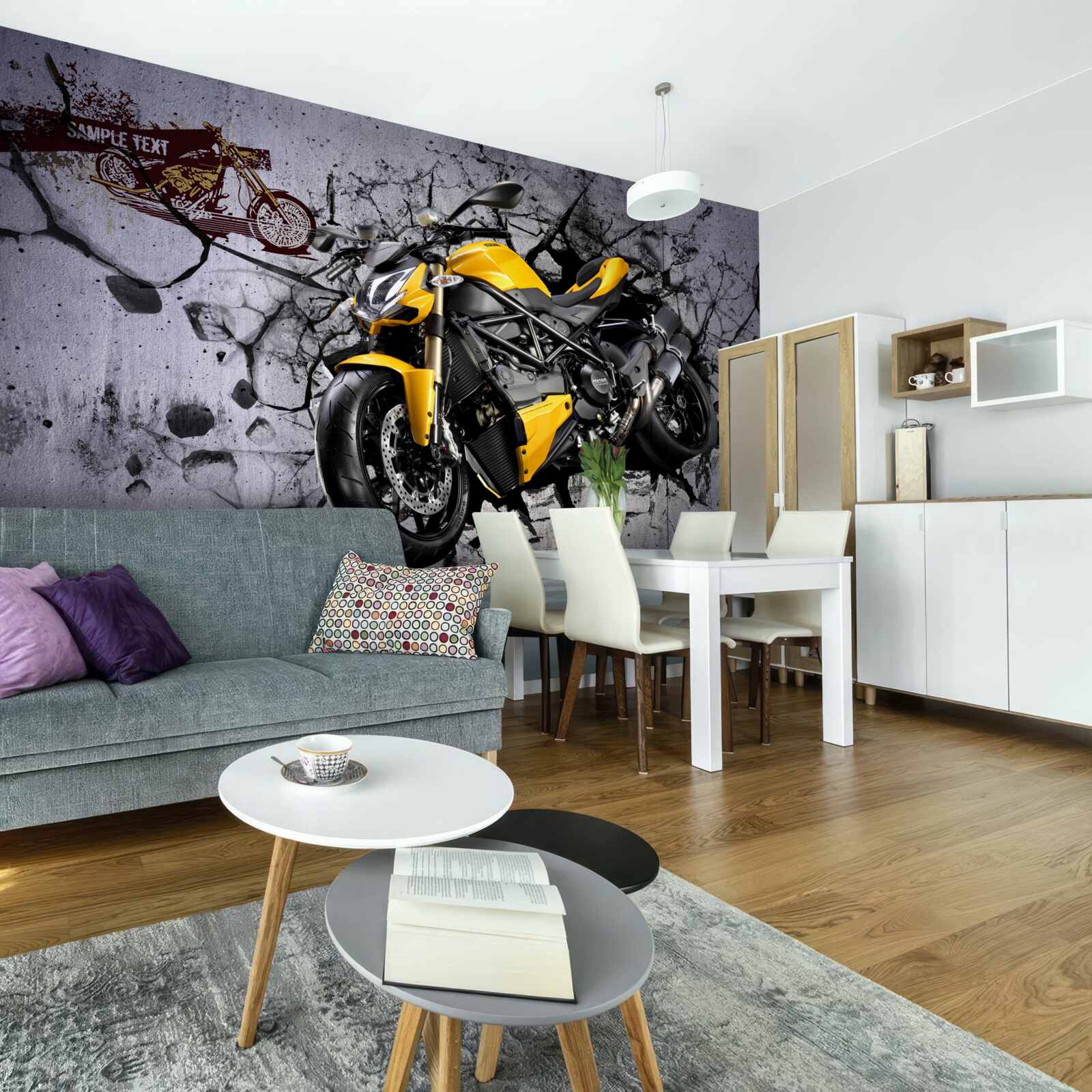 Fototapeten Gelbes Motorrad auf dem Hintergrund von Graffiti