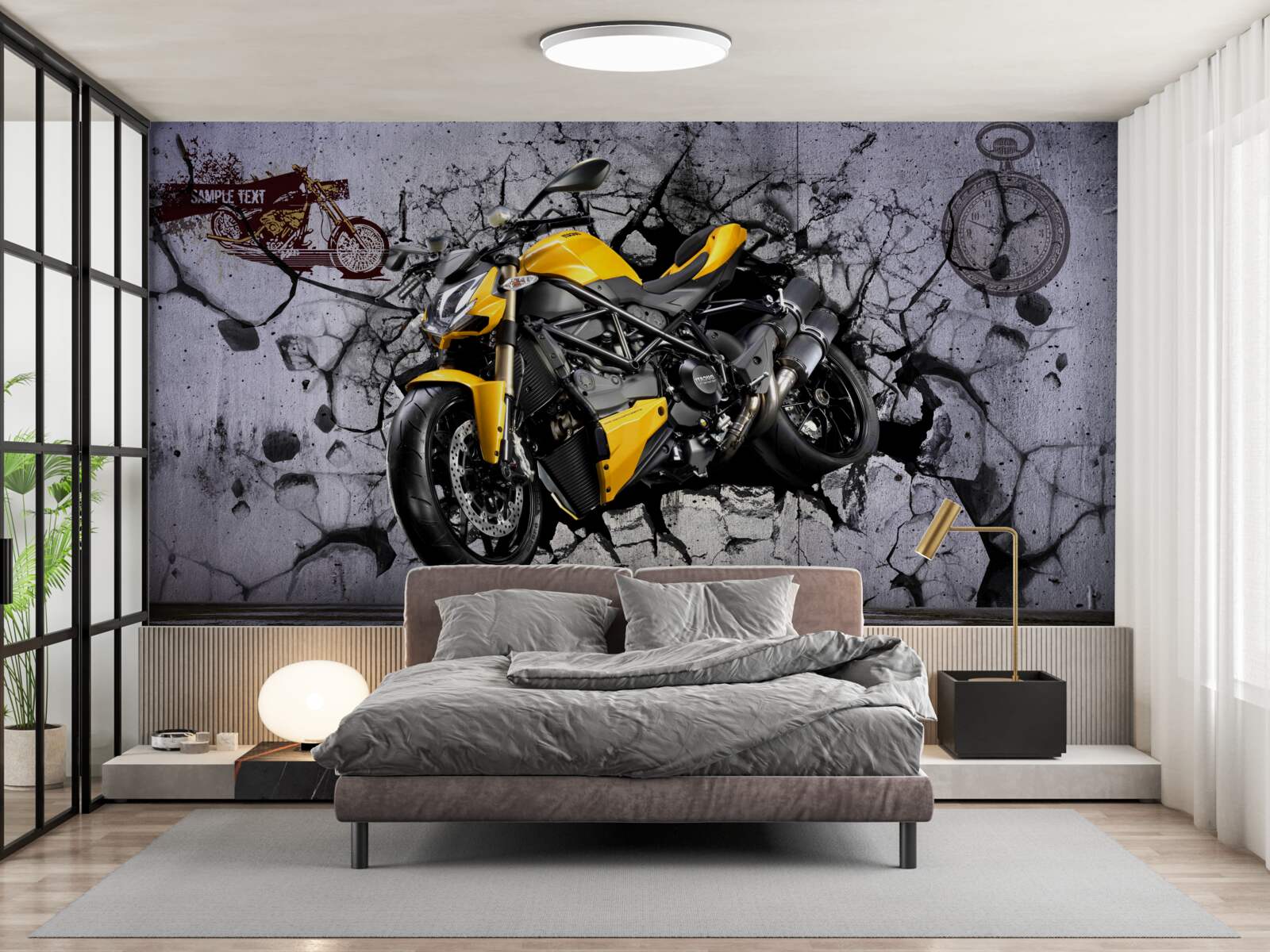 Fototapeten Gelbes Motorrad auf dem Hintergrund von Graffiti