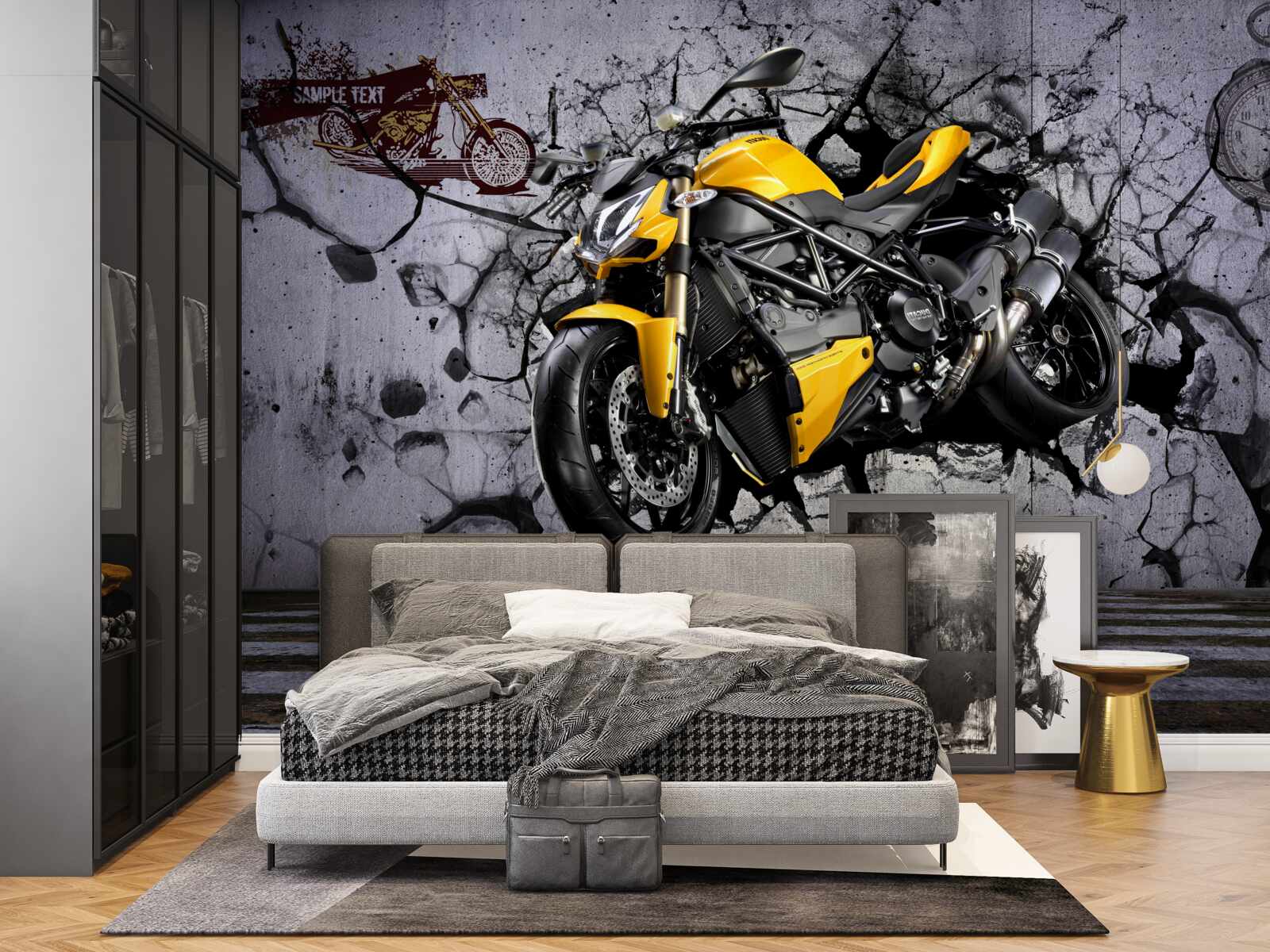 Fototapeten Gelbes Motorrad auf dem Hintergrund von Graffiti