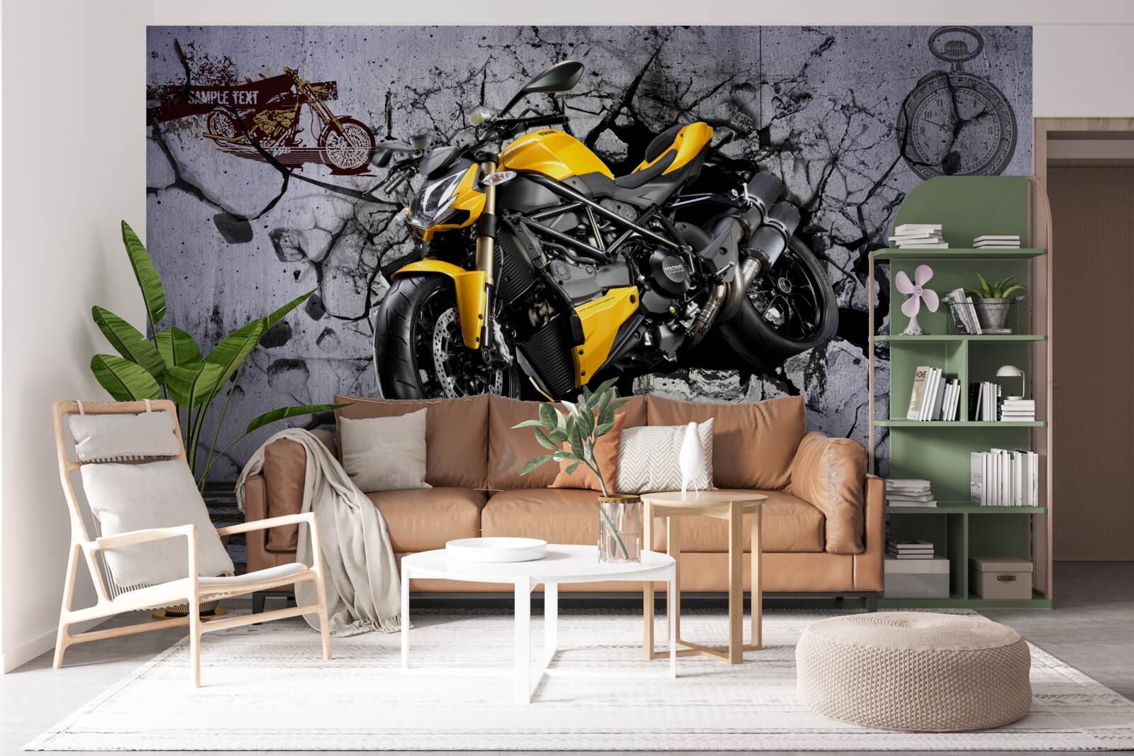 Fototapeten Gelbes Motorrad auf dem Hintergrund von Graffiti