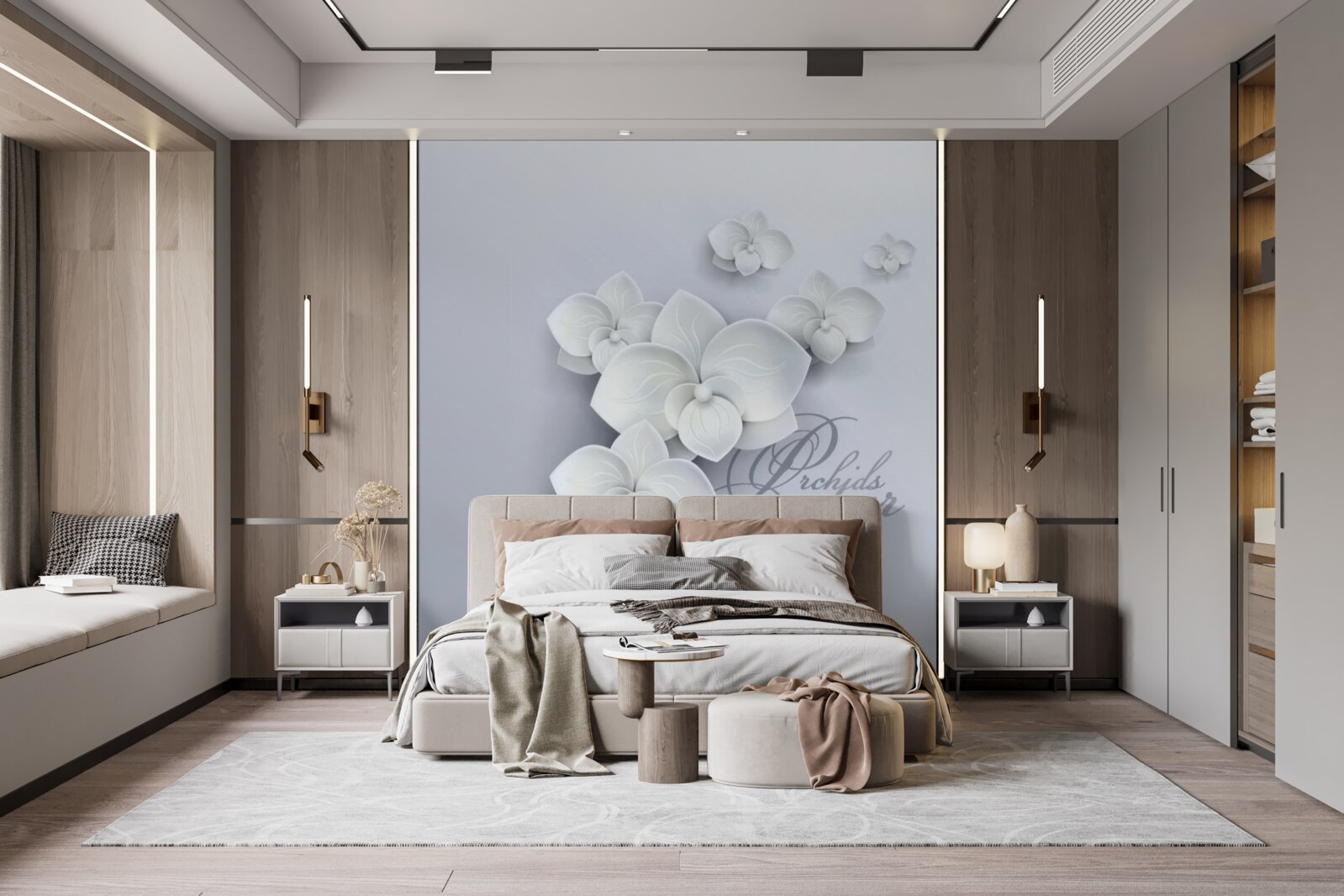 Fototapeten Der graue Hintergrund ist mit weißen Orchideen dekoriert