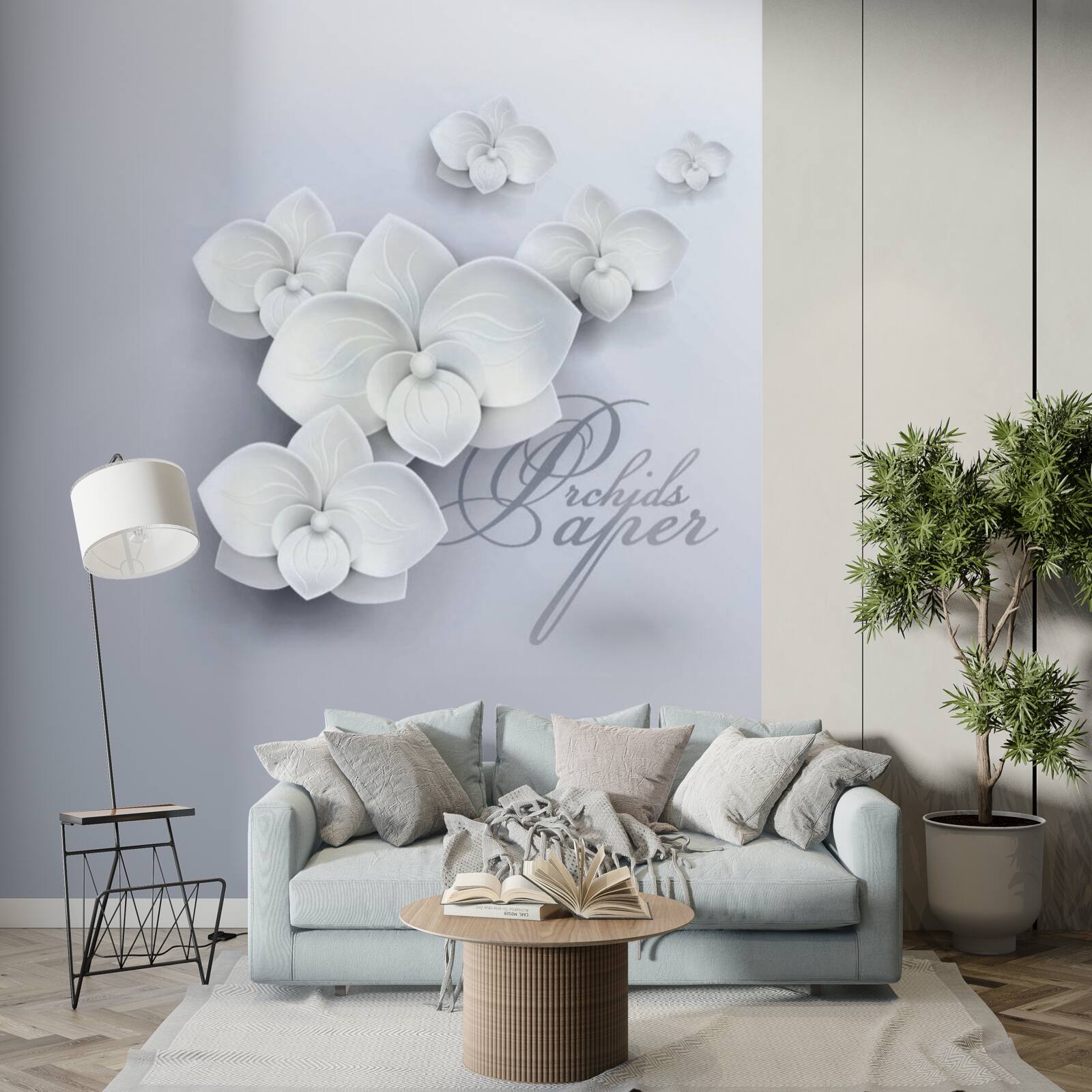 Fototapeten Der graue Hintergrund ist mit weißen Orchideen dekoriert