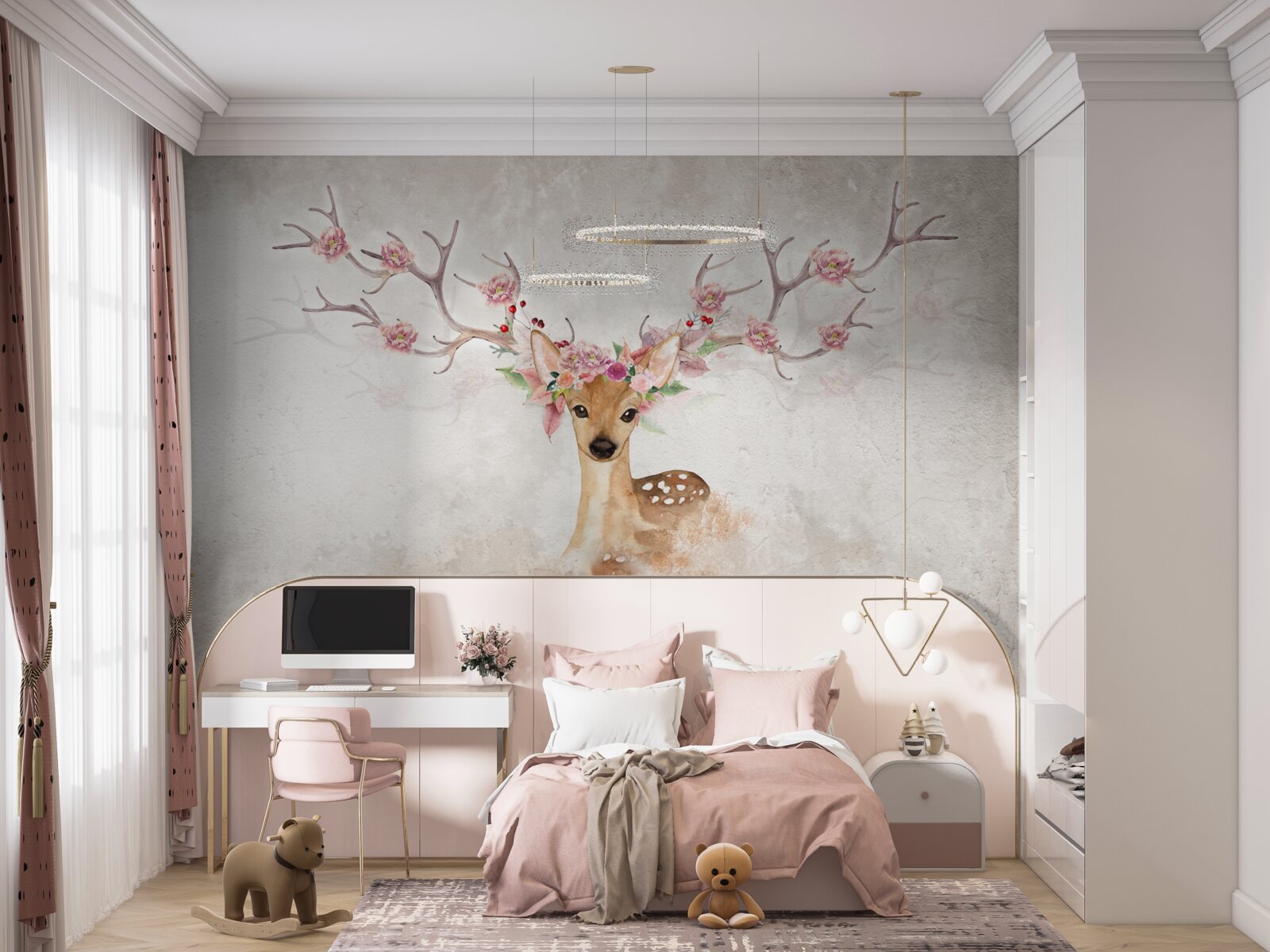 Fototapeten Ein charmantes Hirsch mit Blumendekoration an den Ecken