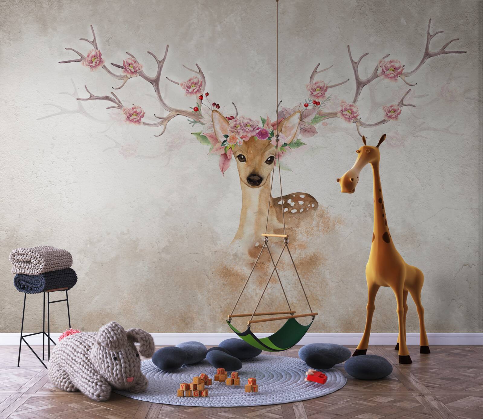 Fototapeten Ein charmantes Hirsch mit Blumendekoration an den Ecken
