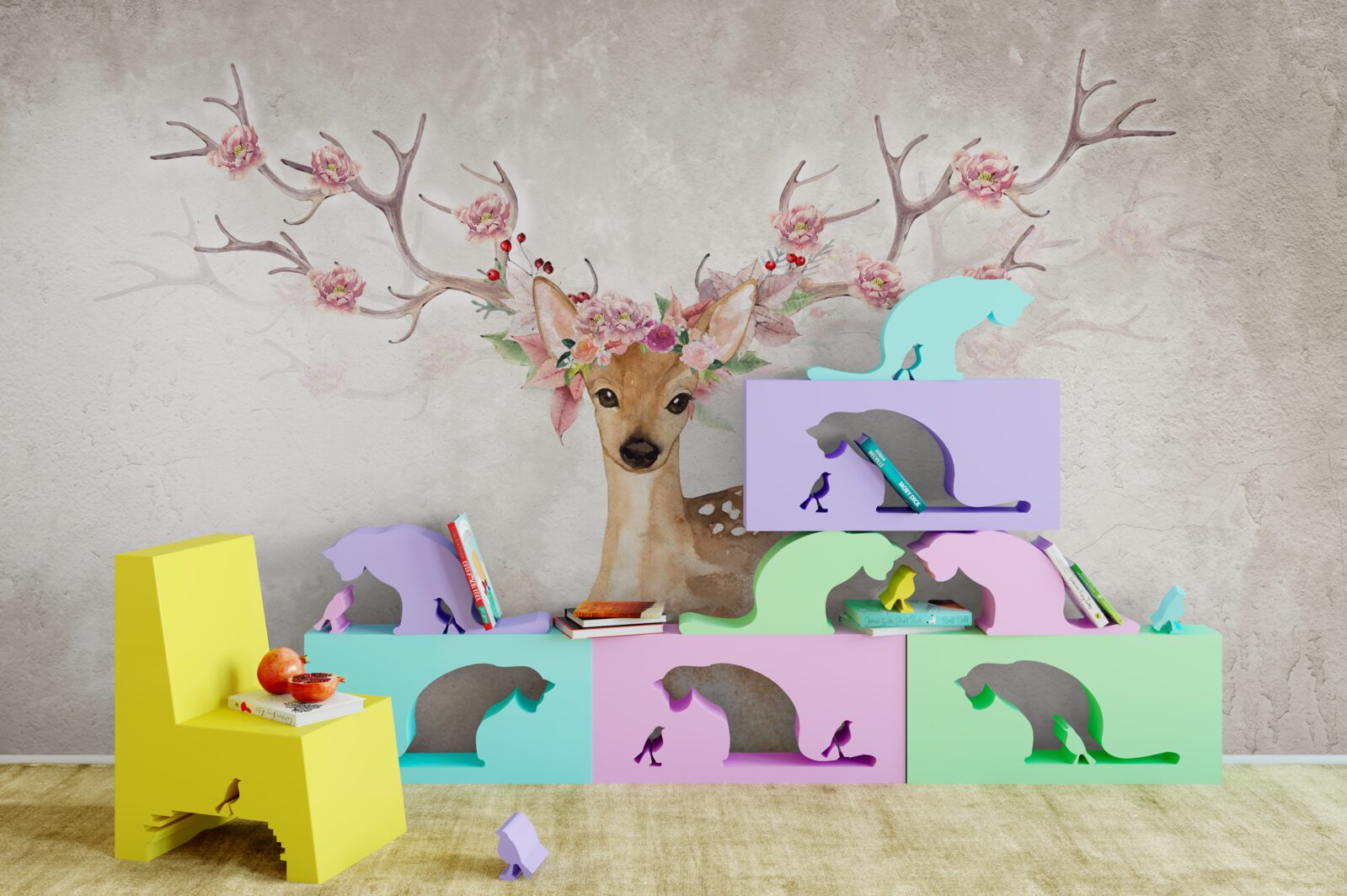 Fototapeten Ein charmantes Hirsch mit Blumendekoration an den Ecken