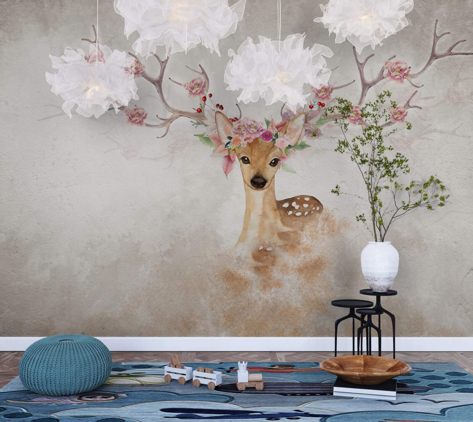 Fototapeten Ein charmantes Hirsch mit Blumendekoration an den Ecken