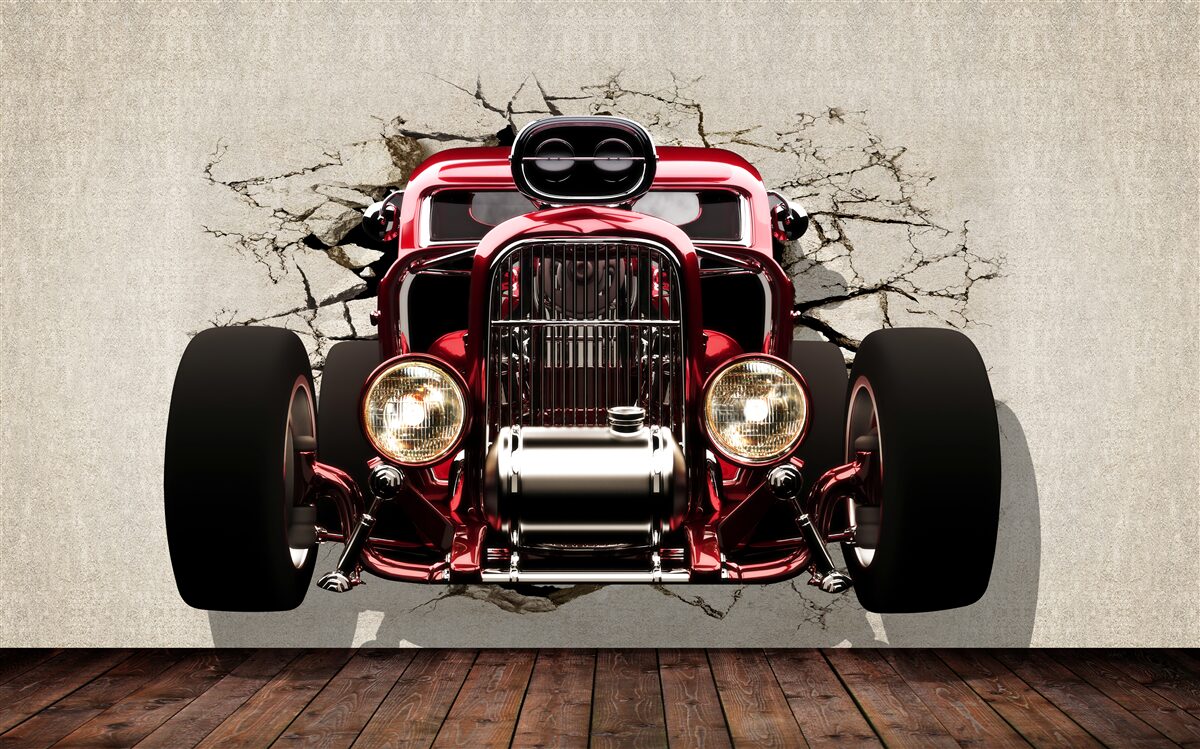 Fototapeten Ein rotes Auto verlässt die Wand