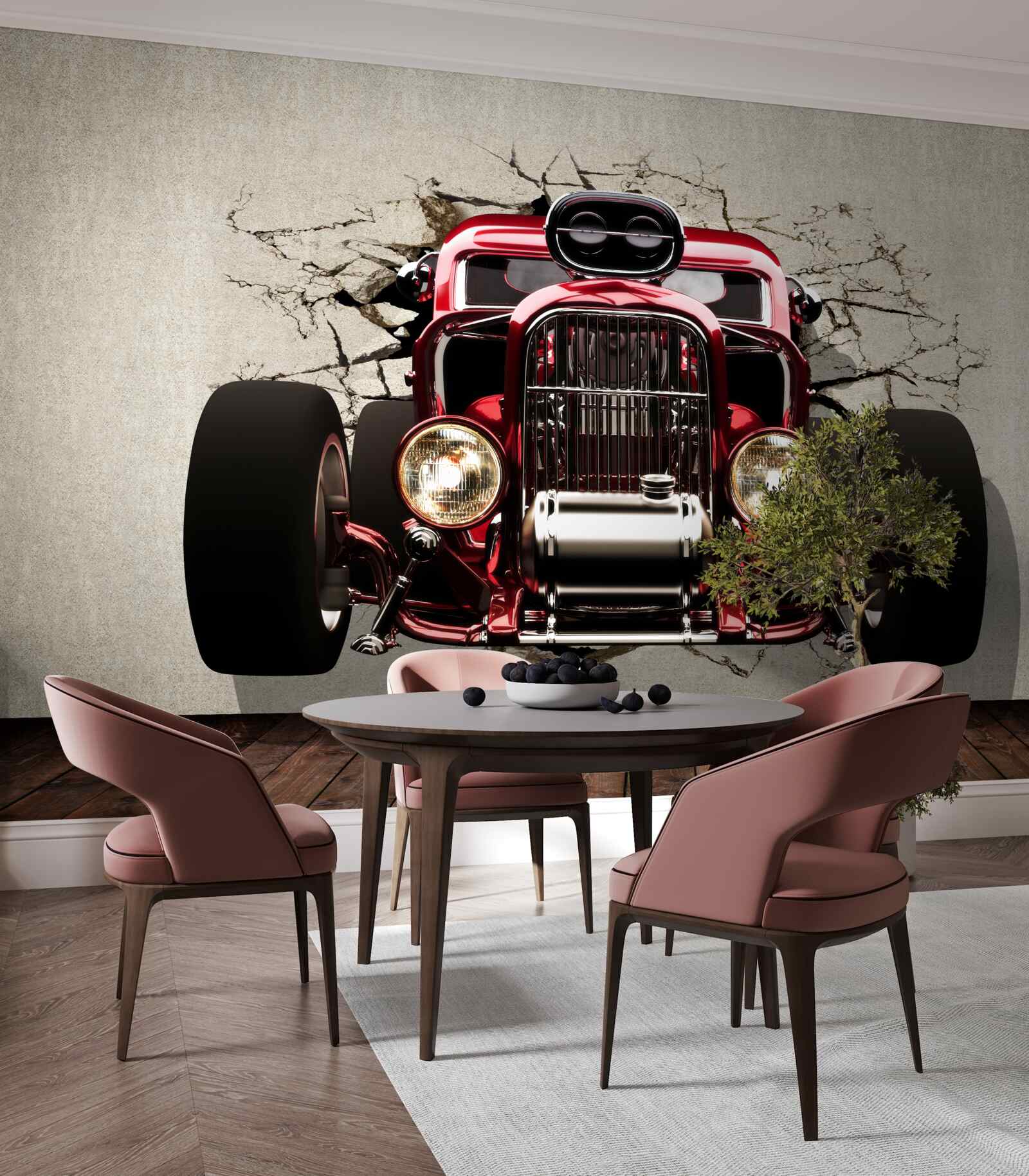 Fototapeten Ein rotes Auto verlässt die Wand