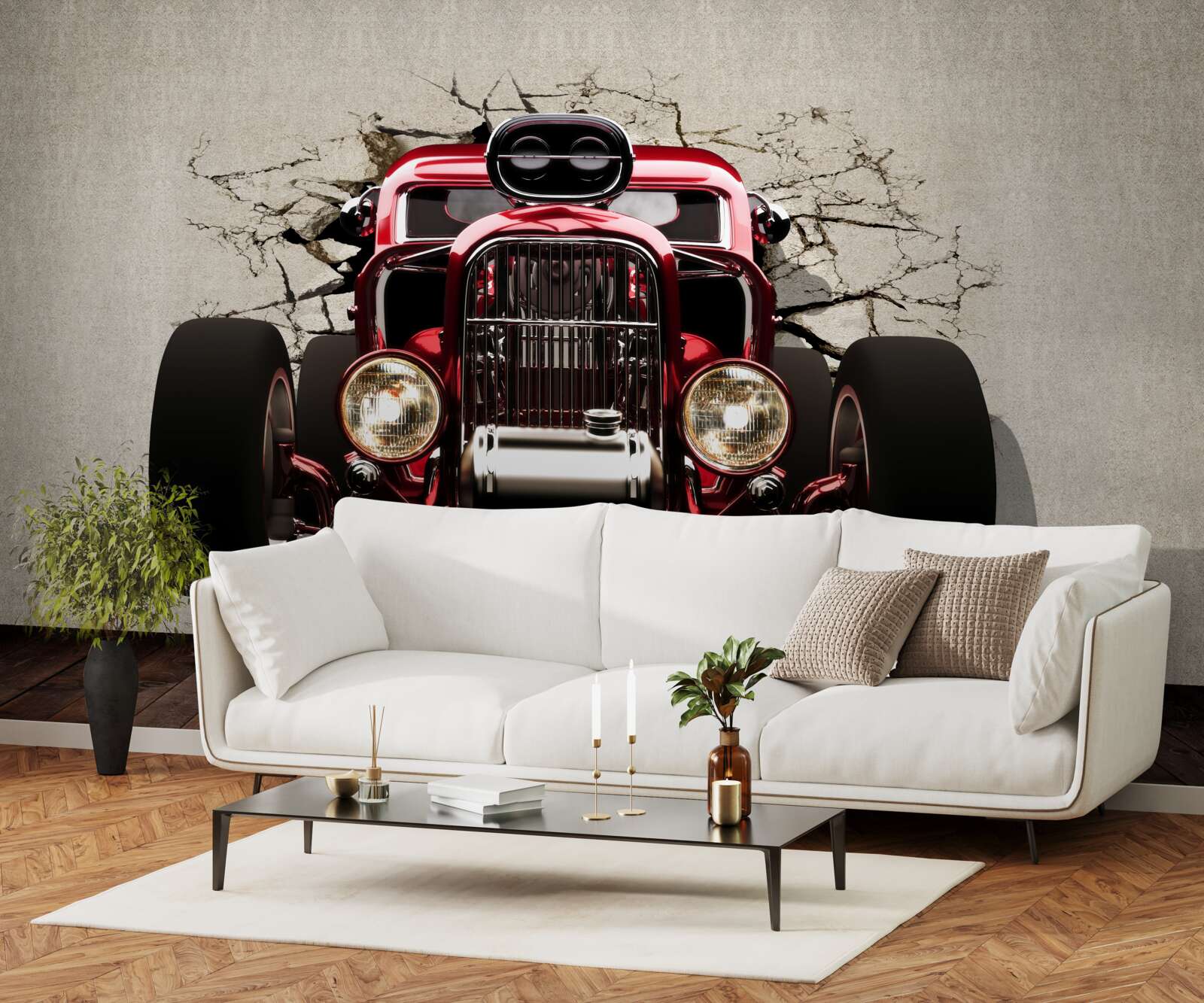 Fototapeten Ein rotes Auto verlässt die Wand
