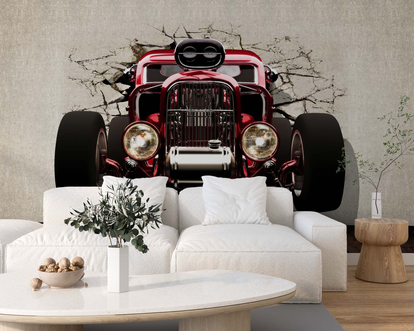 Fototapeten Ein rotes Auto verlässt die Wand