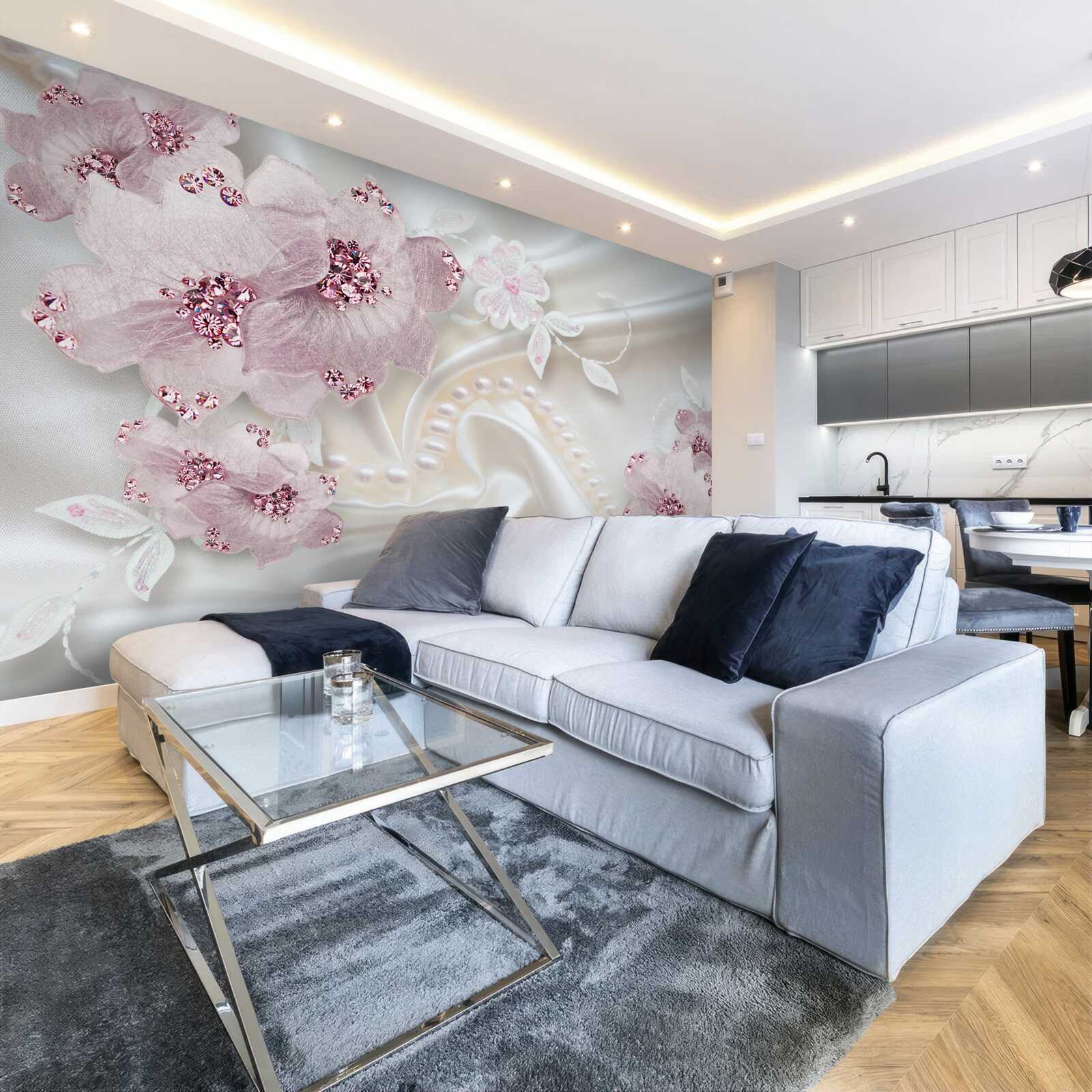 Fototapeten Seidenstoff ist mit rosa Knospen dekoriert