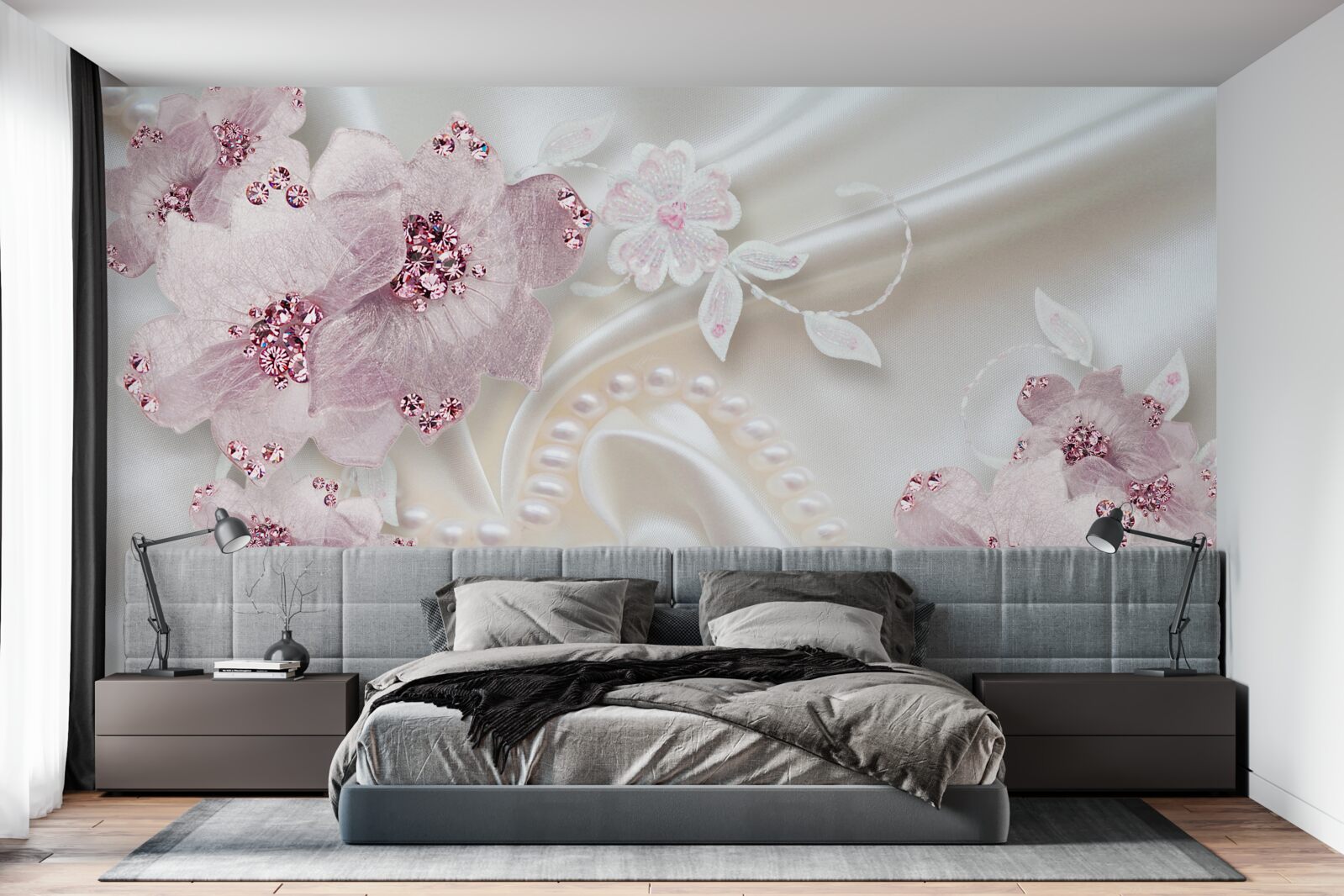 Fototapeten Seidenstoff ist mit rosa Knospen dekoriert