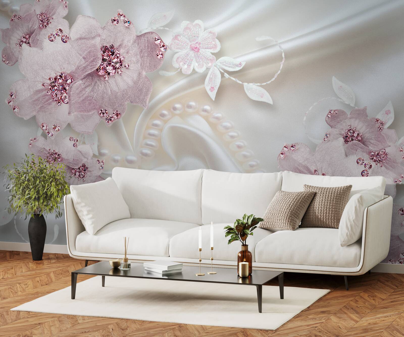 Fototapeten Seidenstoff ist mit rosa Knospen dekoriert