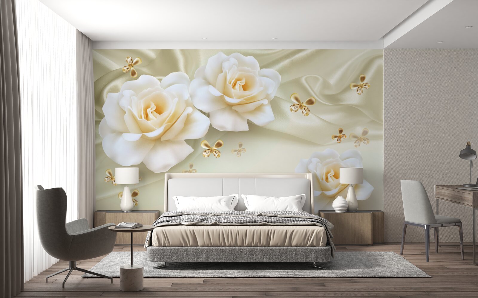 Fototapeten Cremige Rosen auf einem hellen Hintergrund