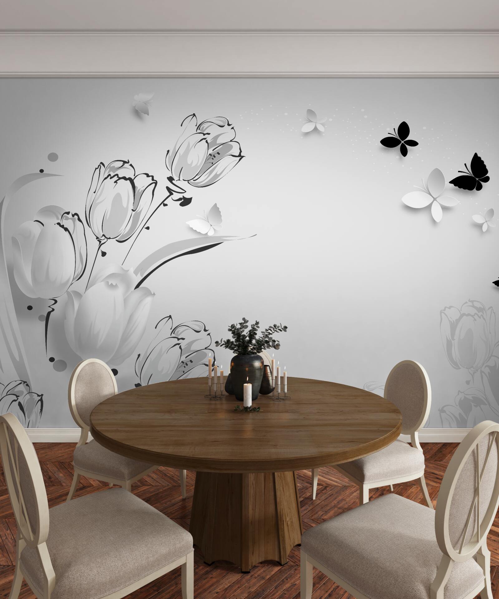 Fototapeten Schnee -White -Tulpen und Schmetterlinge
