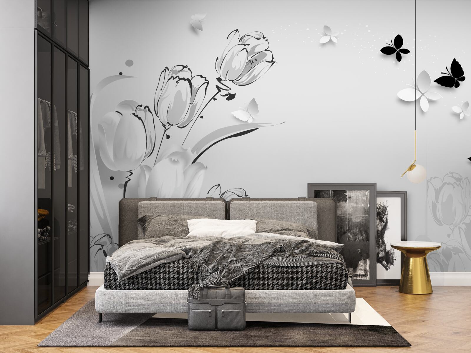 Fototapeten Schnee -White -Tulpen und Schmetterlinge