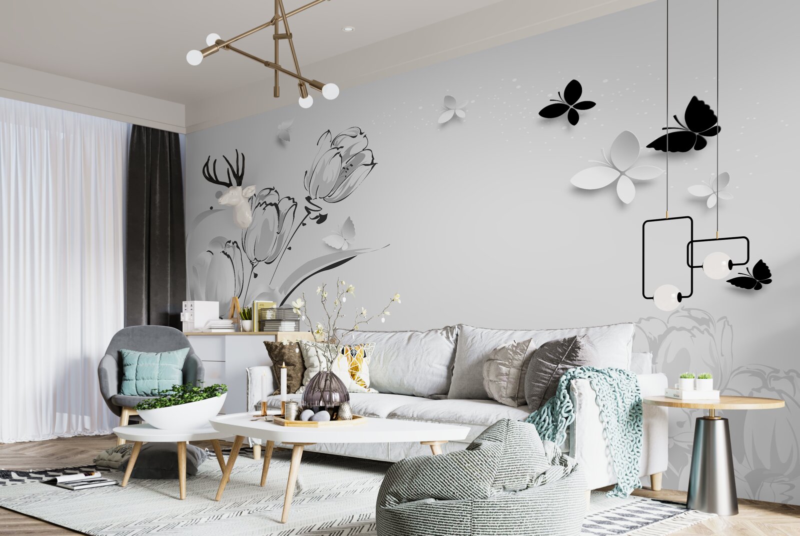 Fototapeten Schnee -White -Tulpen und Schmetterlinge
