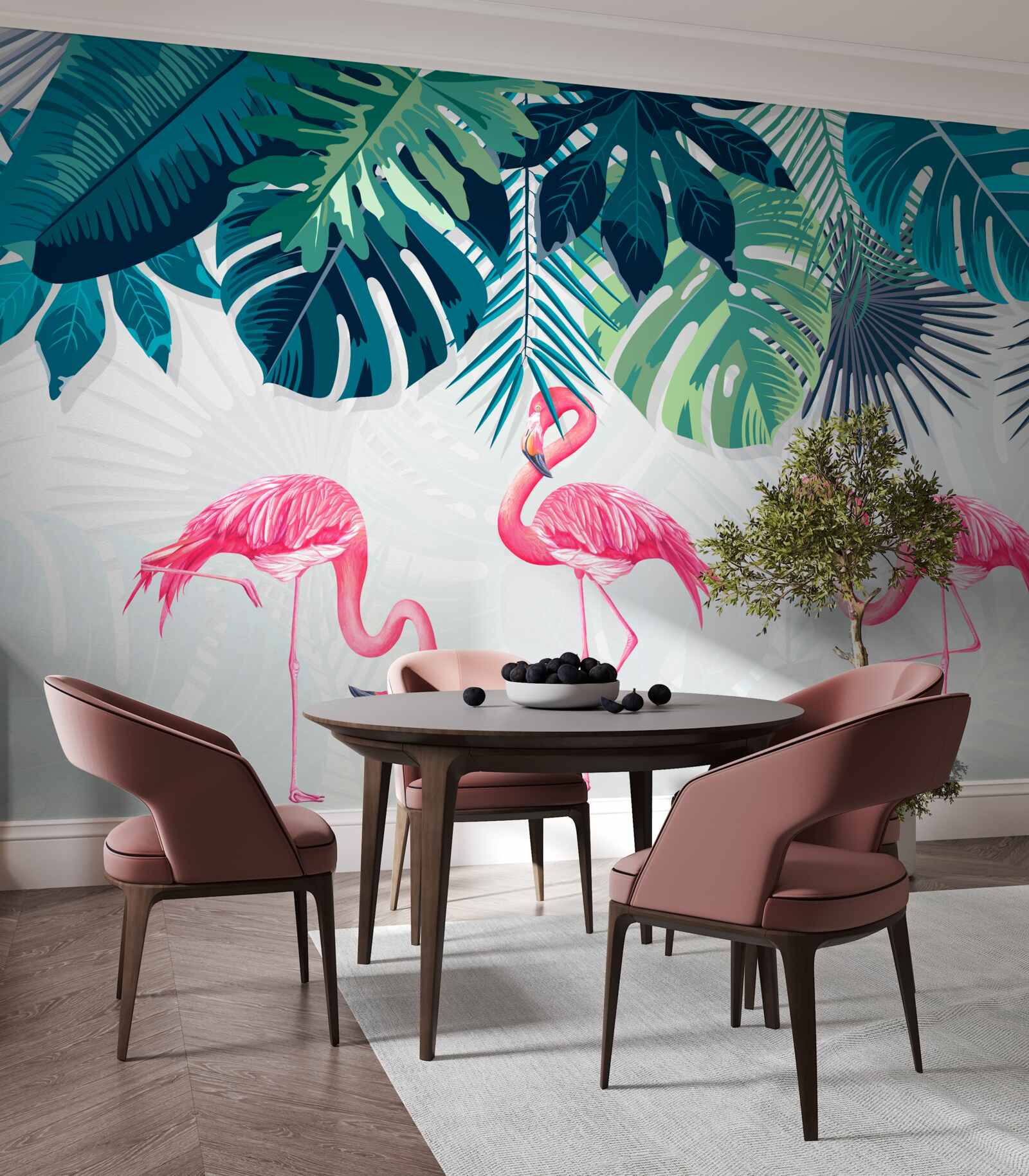 Fototapeten Tropenvegetation und rosa Flamingos -Vögel