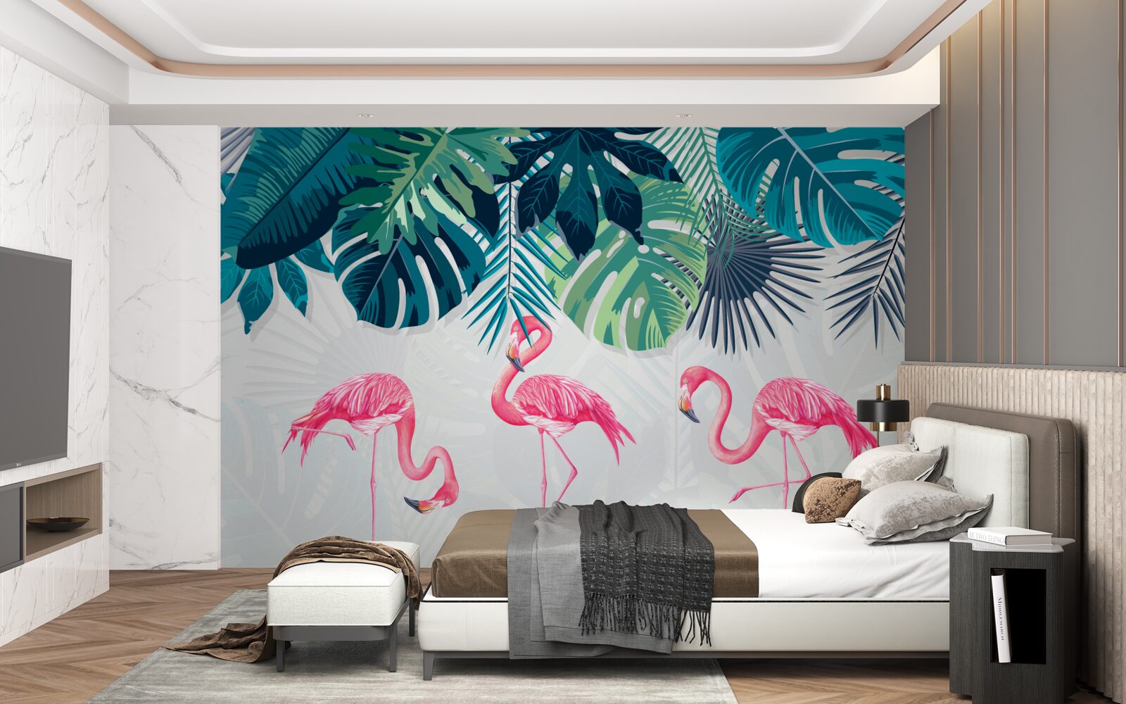 Fototapeten Tropenvegetation und rosa Flamingos -Vögel