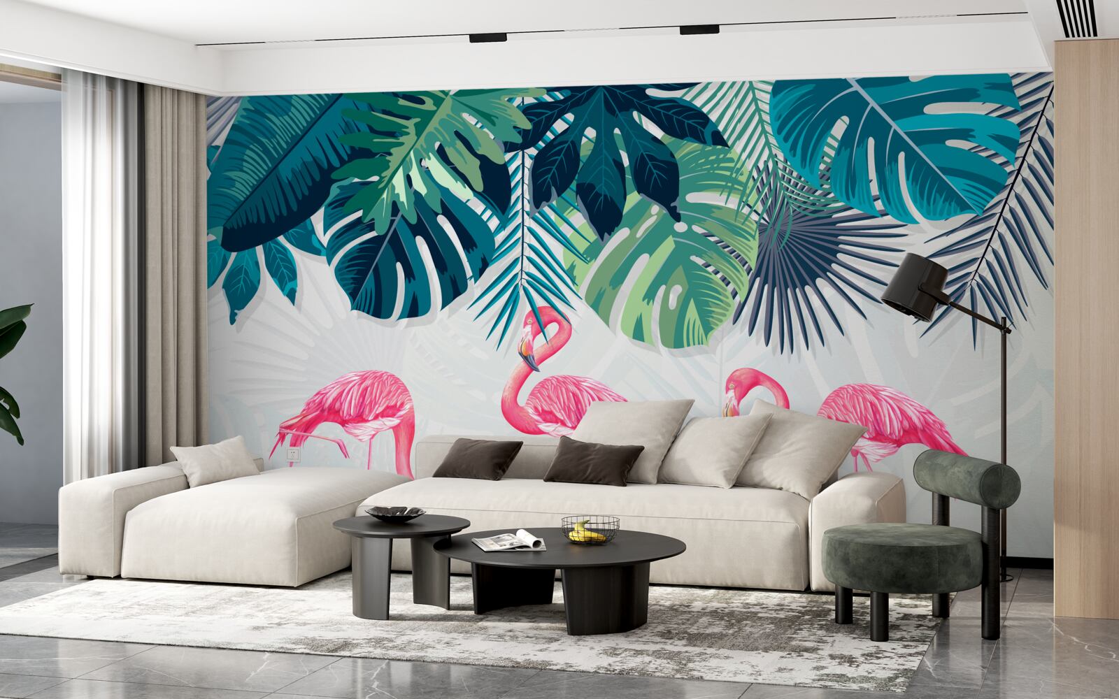 Fototapeten Tropenvegetation und rosa Flamingos -Vögel
