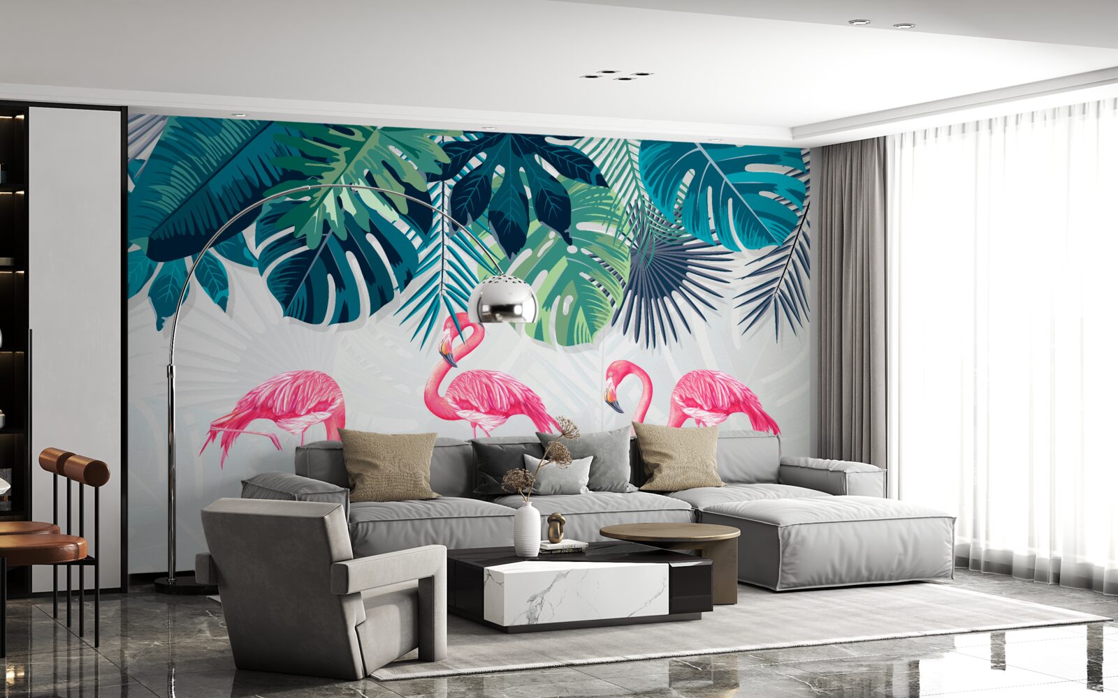 Fototapeten Tropenvegetation und rosa Flamingos -Vögel