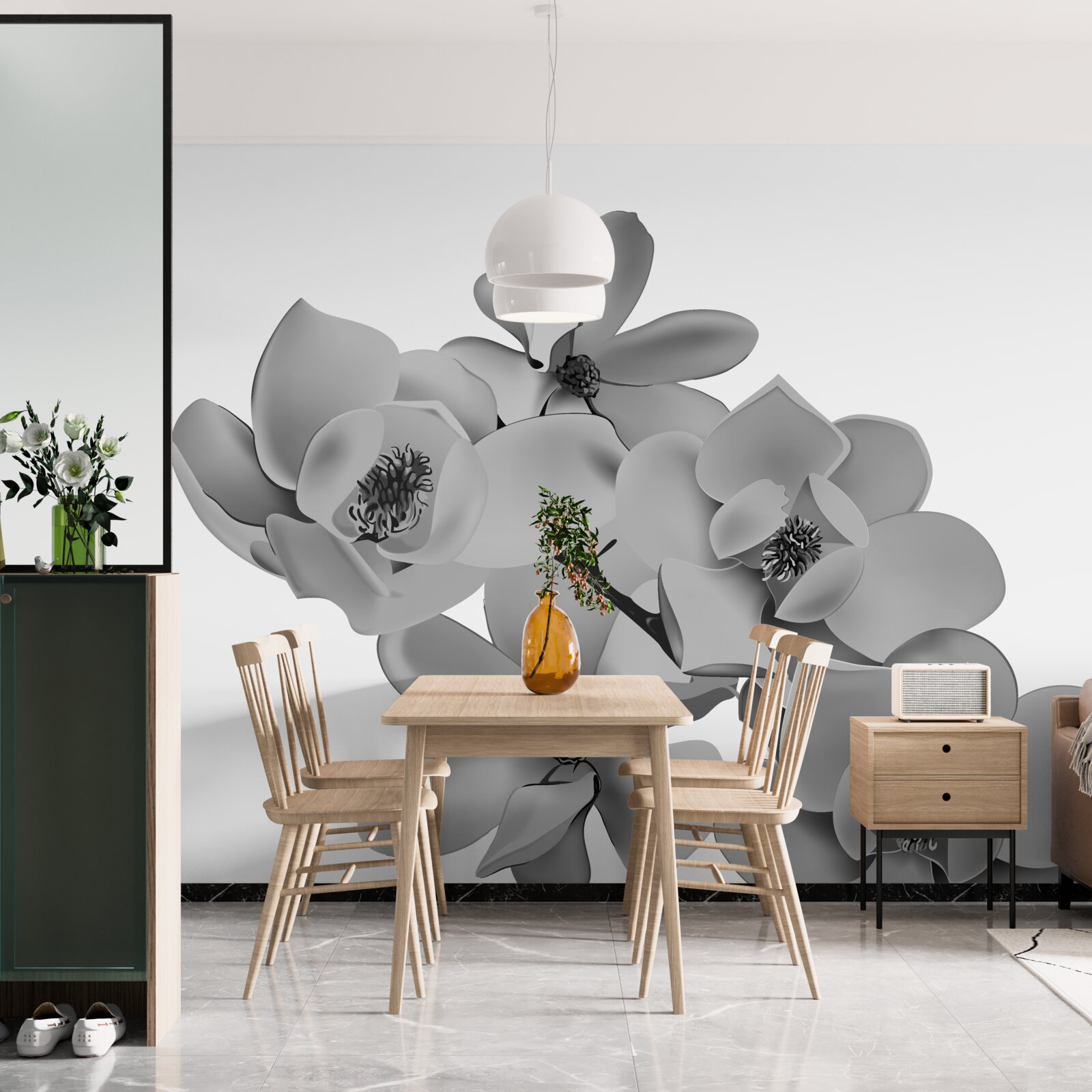 Fototapeten Scharlachrote Blumen auf einem sauberen weißen Hintergrund
