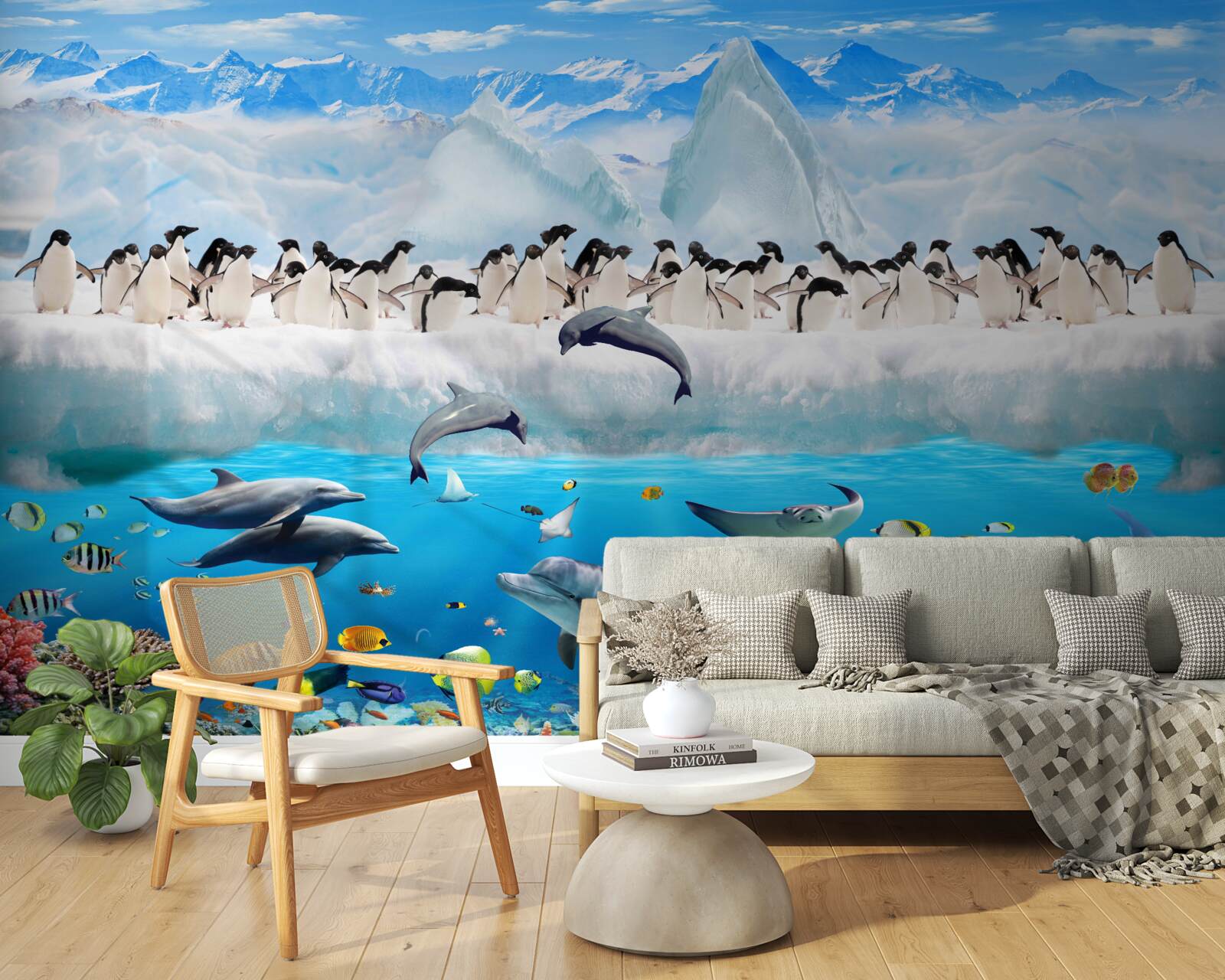 Fototapeten Delfine und Pinguine leben in Korallenriffen