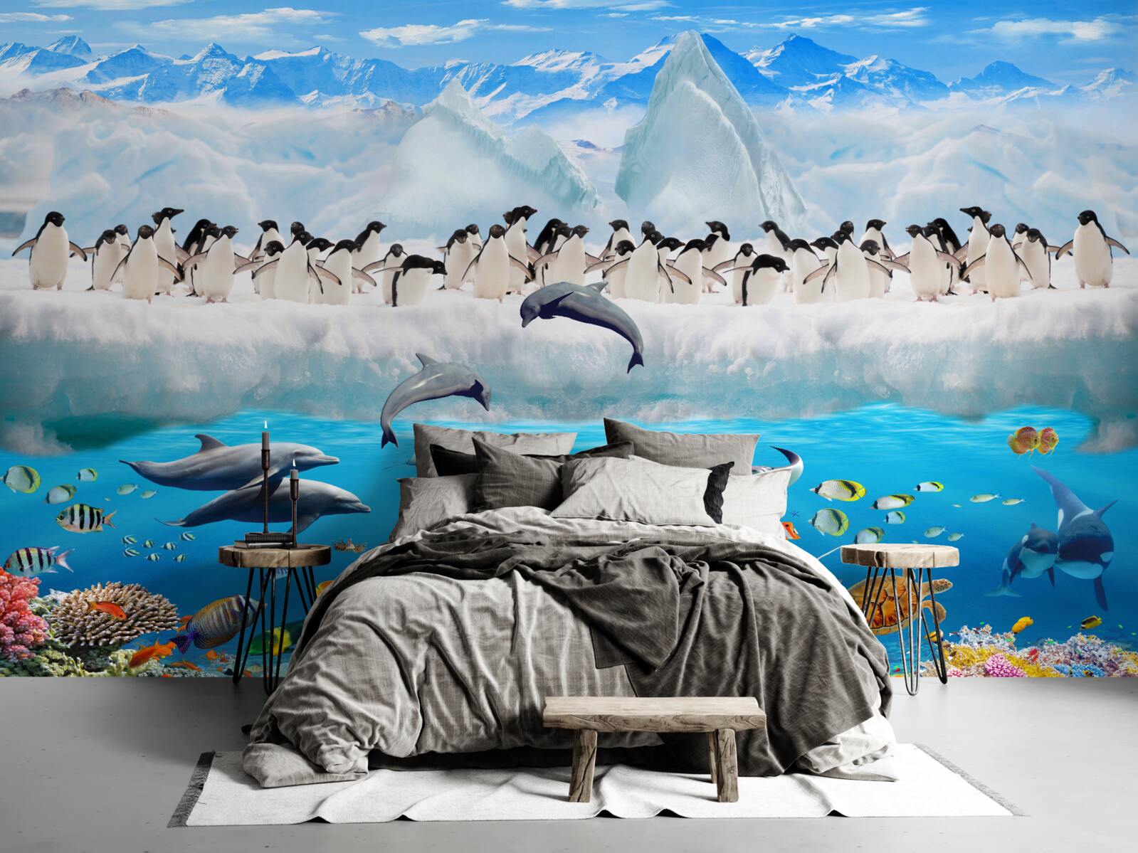 Fototapeten Delfine und Pinguine leben in Korallenriffen