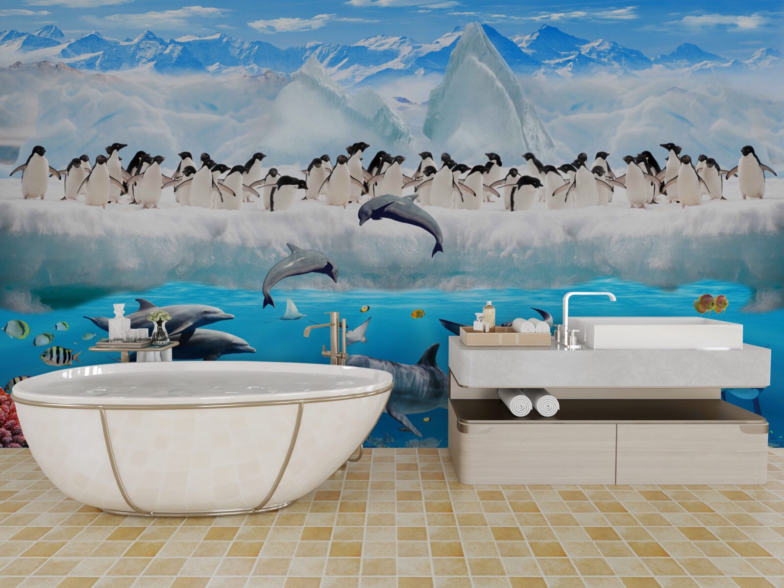 Fototapeten Delfine und Pinguine leben in Korallenriffen