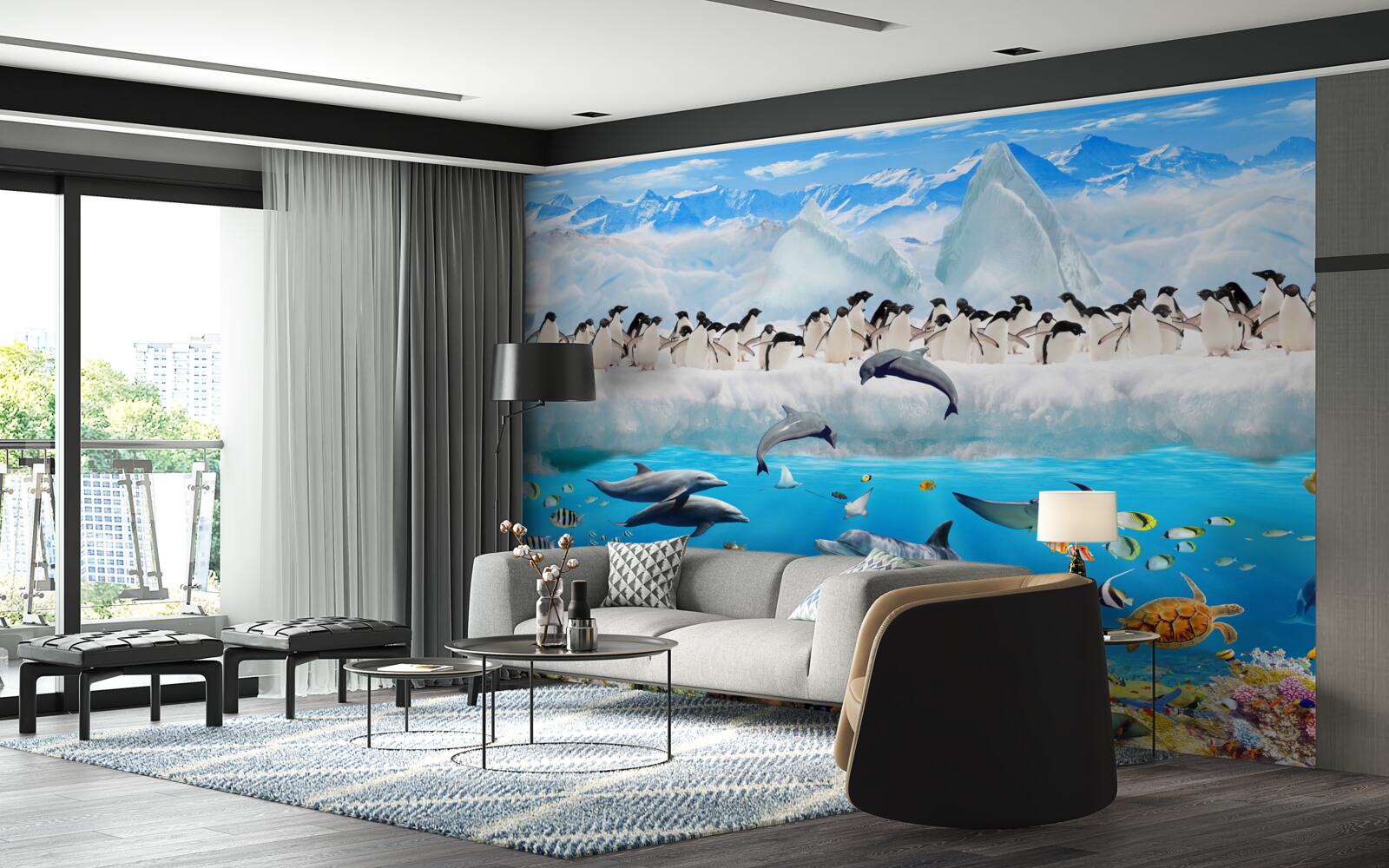 Fototapeten Delfine und Pinguine leben in Korallenriffen