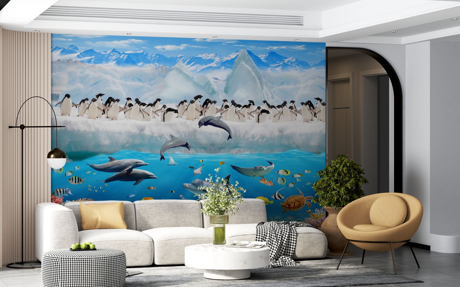 Fototapeten Delfine und Pinguine leben in Korallenriffen