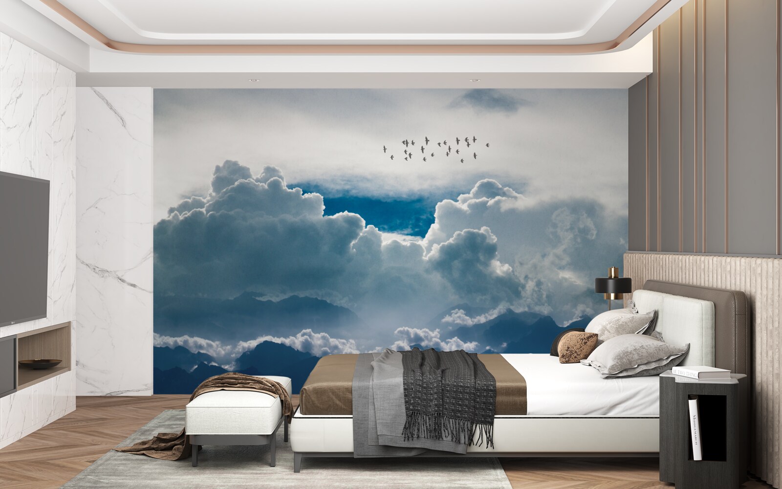 Fototapeten Eine Gruppe von Vögeln über dichte Wolken
