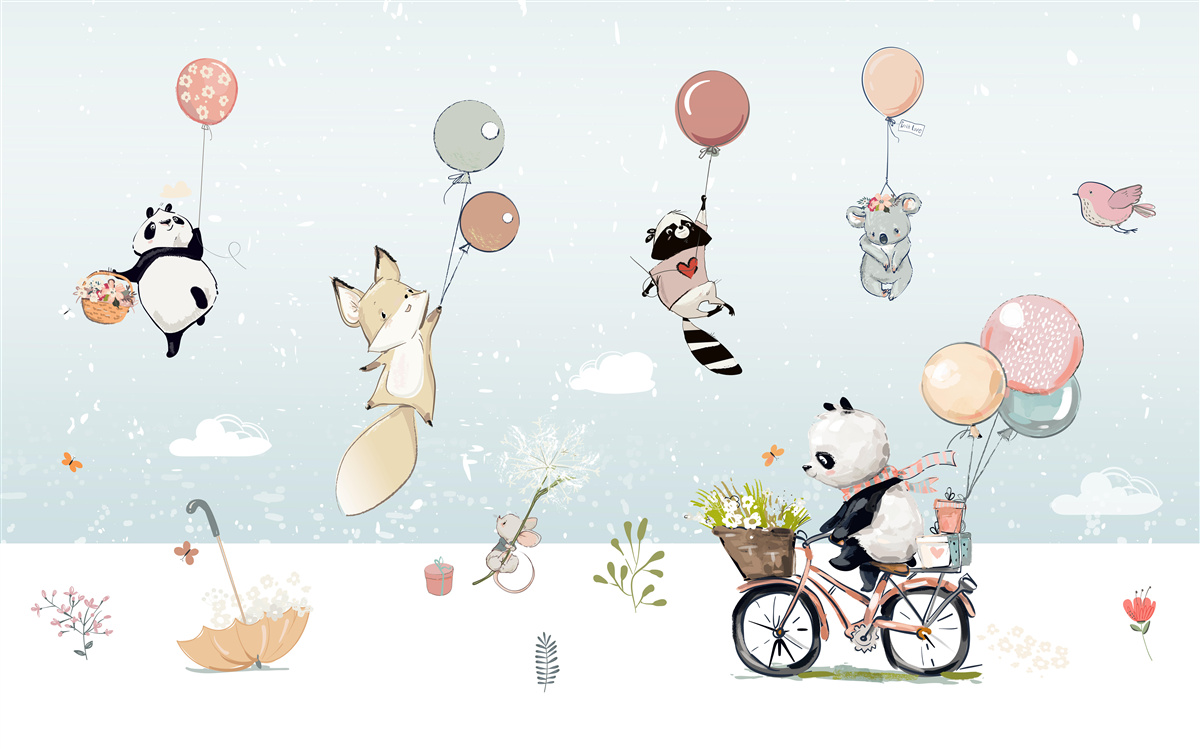 Fototapeten Fahrradpanda und Tiere mit Blasen