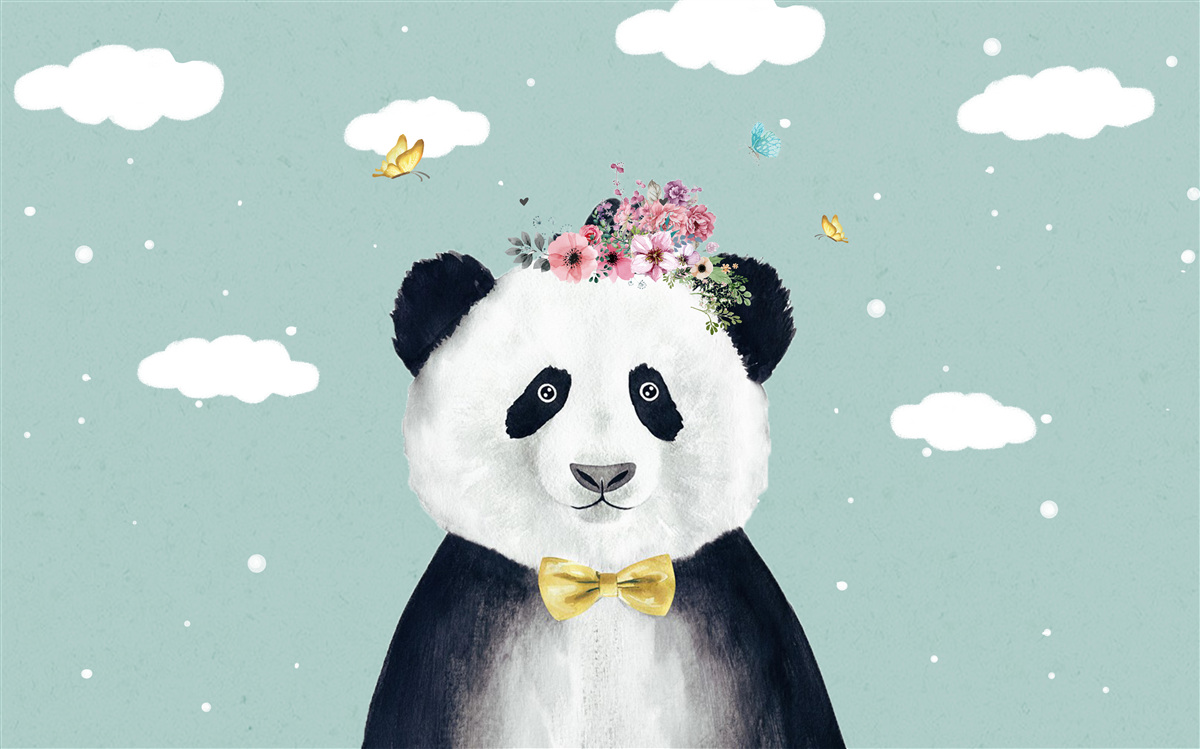 Fototapeten Die Wolken sind zu einem Hintergrund für einen Panda mit Blumen geworden