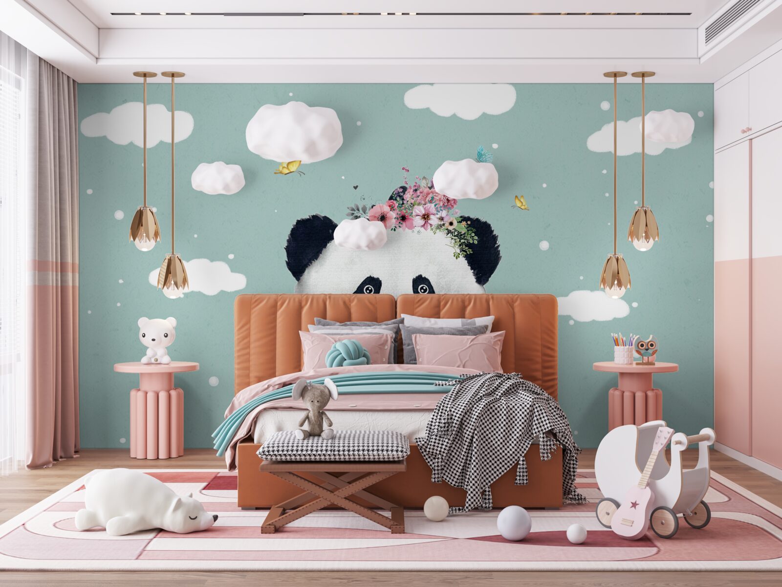 Fototapeten Die Wolken sind zu einem Hintergrund für einen Panda mit Blumen geworden