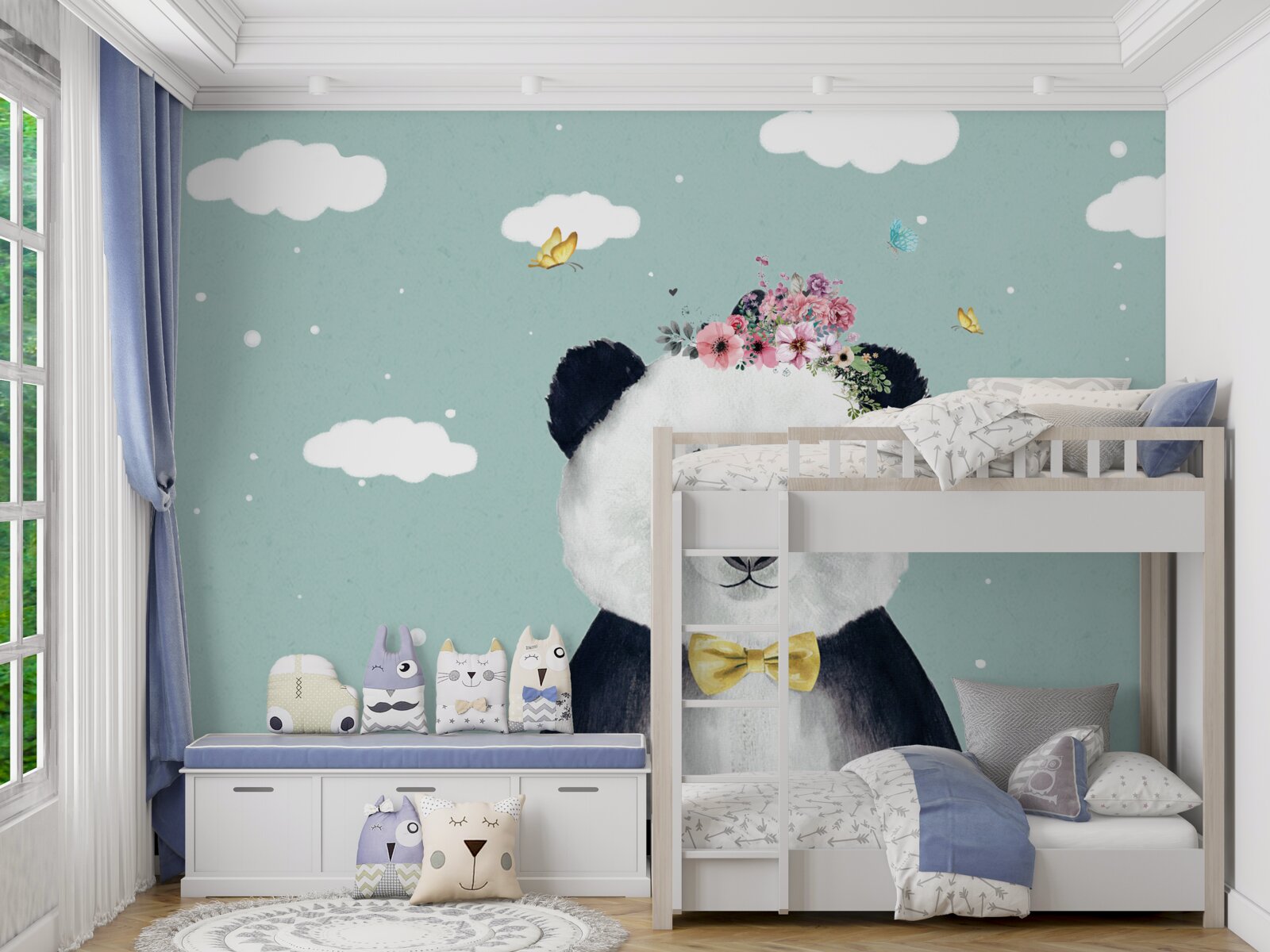 Fototapeten Die Wolken sind zu einem Hintergrund für einen Panda mit Blumen geworden